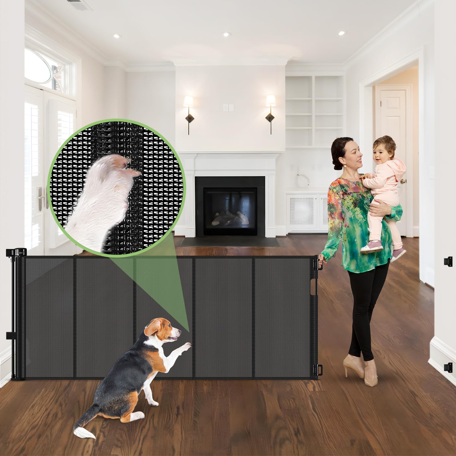 96 Inch Wide Reinforced Retractable Baby Gate with Support Rods, Extra Long Dog Gate Retractable Gate Outdoor Gates for Decks, P