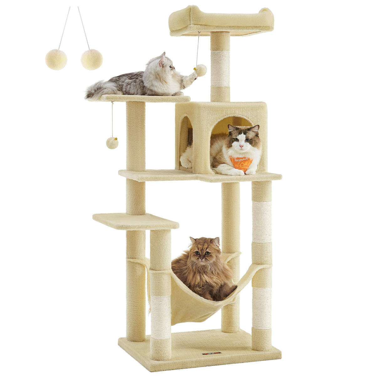 Feandrea Cat Tree, 56.3-Inch Cat Tower For Indoor Cats, Multi-Level Cat Condo With 4 Scratching Posts, 2 Perches, Hammock, Cave, Beige Upct161M01