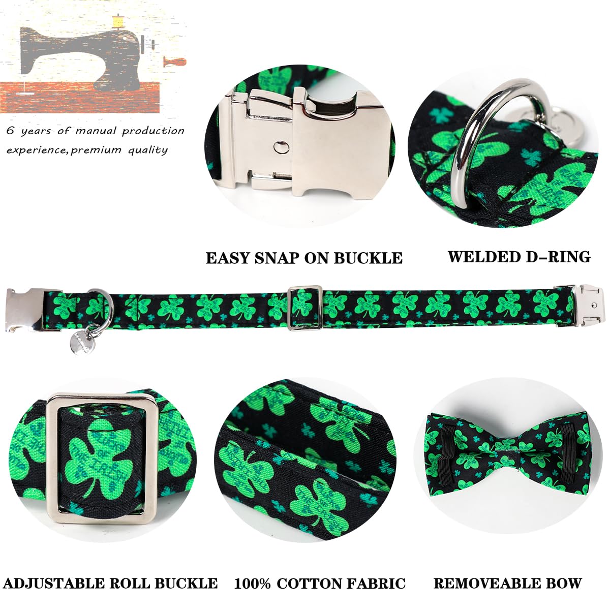 Dogwong Green Lucky Clover Shamrock Dog Collar With Bowtie, Soft Adjustable St. Patrick'S Day Lucky Charm Black Puppy Collar For
