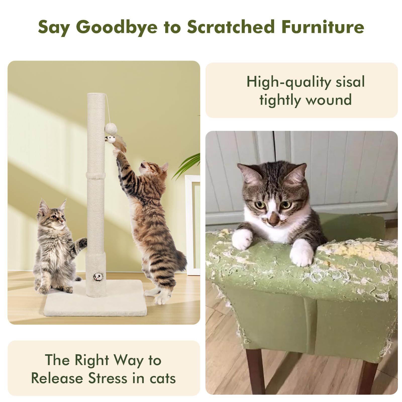 Woochpet 34 Tall Cat Scratching Post With Premium Sisal Rope For Indoor Scratcher Post Tree For Indoor Cat Toy With Mouse Hole,