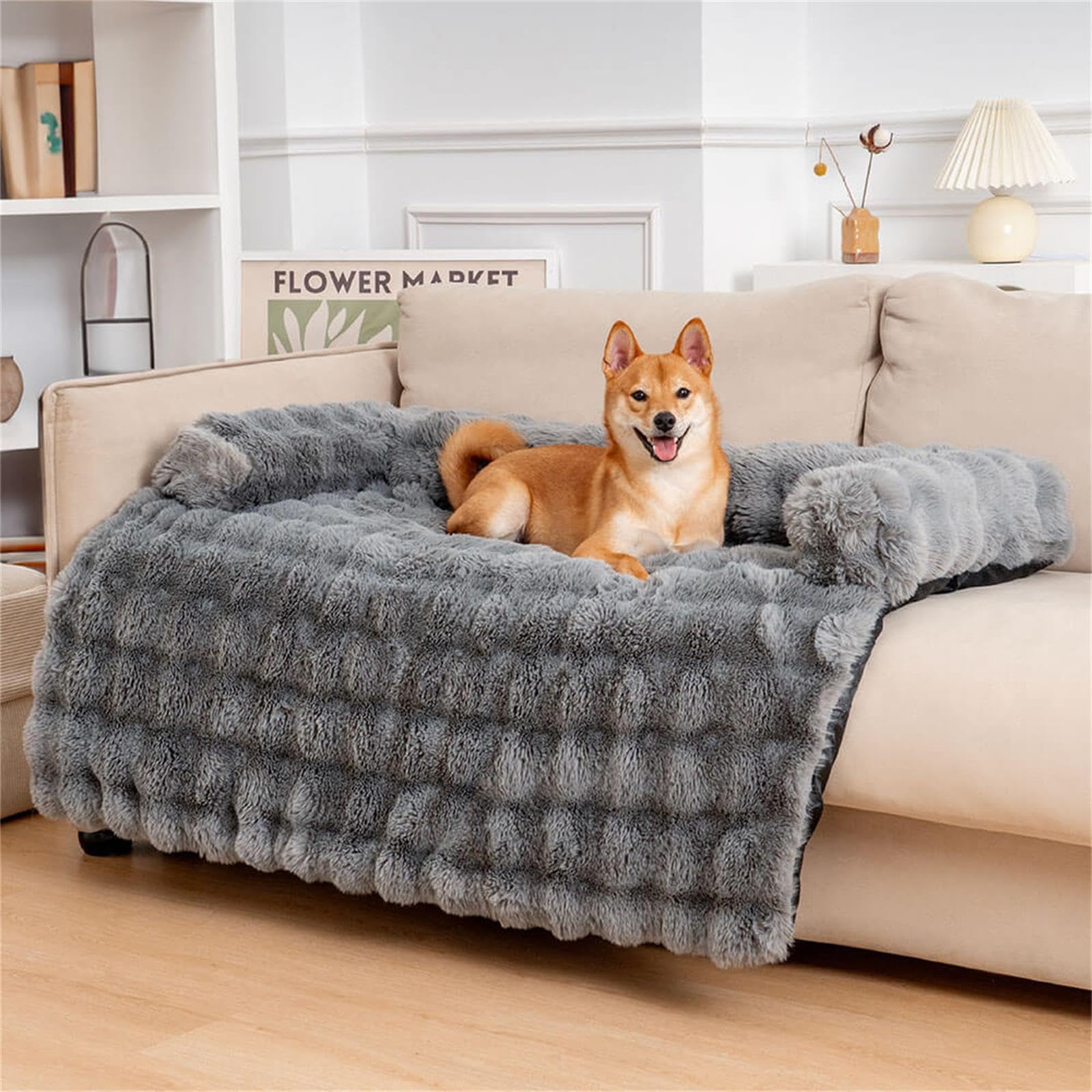 FUNNYFUZZY Calming Dog Bed Mat, Fluffy Fuzzy Couch Cover for Sofa, Furniture Protector with Removable Washable Cover for Medium 