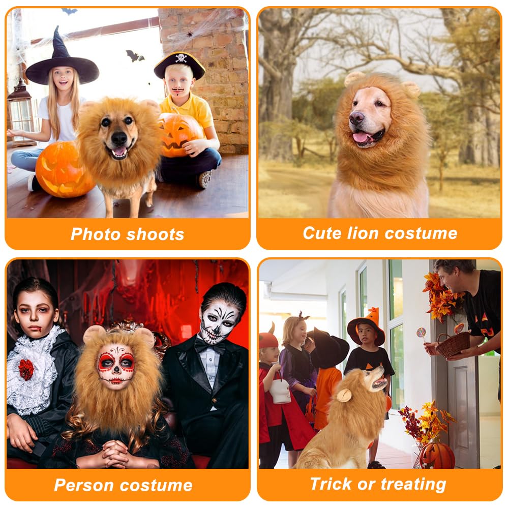 Vivifying Lion Mane For Dog, Adjustable Halloween Lion Costume Wig With Ears For Medium And Large Dogs, Realistic & Funny Accessory Perfect For Parties And Photoshoots (Large, Brown)