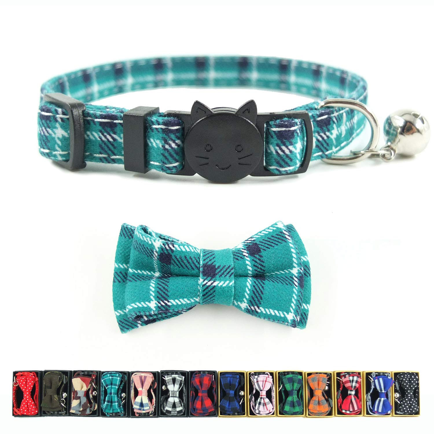 Cat Collar Breakaway with Bell and Bow Tie, Plaid Design Adjustable Safety Kitty Kitten Collars(6.8-10.8in) (Cyan-Blue)