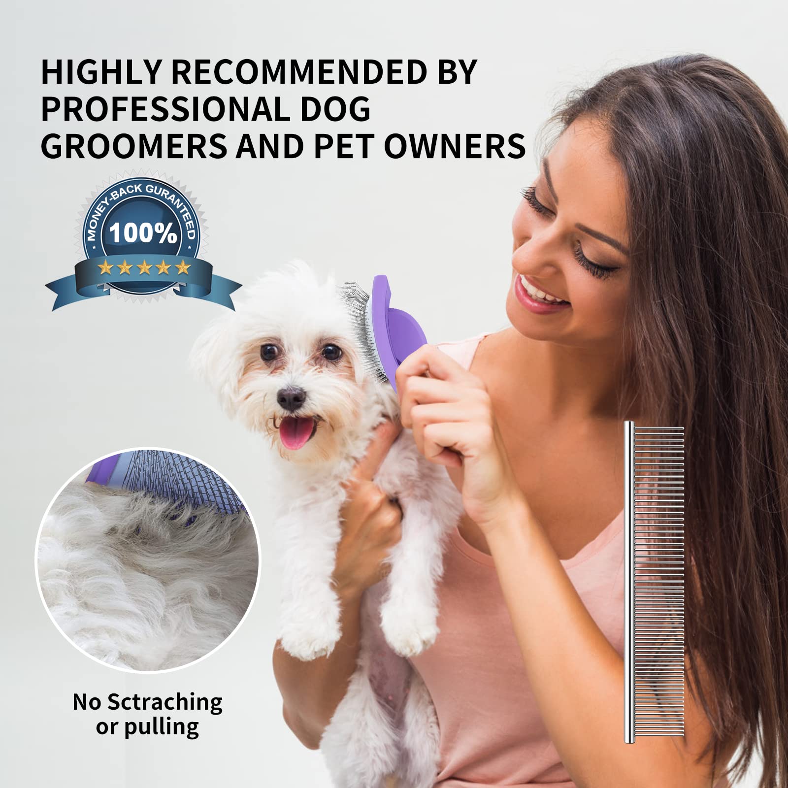 Wopqaem Slicker Brush For Dogs, Long Pin Dog Grooming Brush For Goldendoodles, Poodles, Doodles & More, Includes Bonus Pet Comb, Perfect For De-Shedding, Dematting & Reducing Tangles. Large, Purple