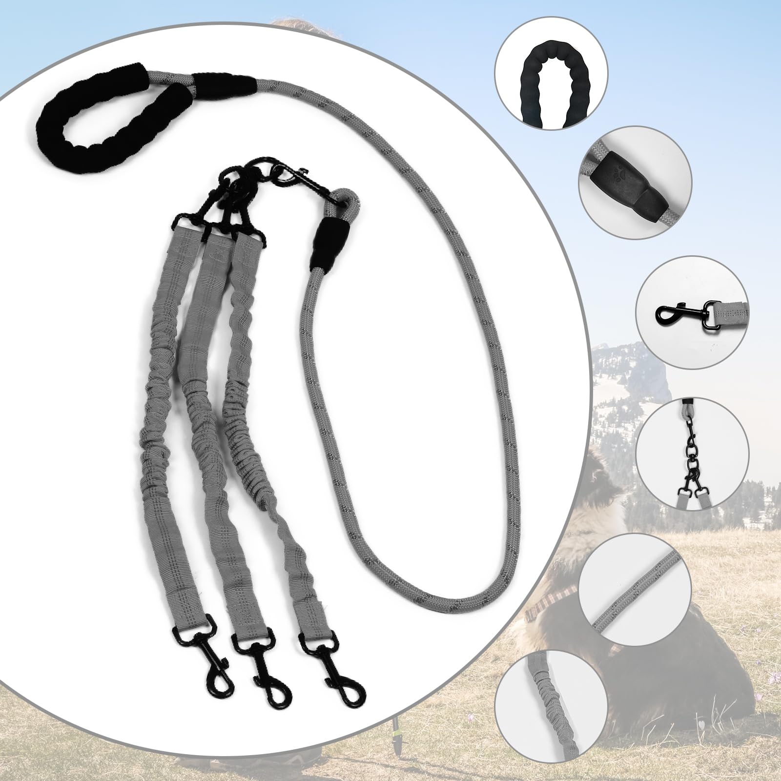 Dog Double Leashes,Rope Bungee Dual Leash With Padded Handle Removable For 2 Dogs,Tangle-Free, Padded Handles, 360 Swivel Contro