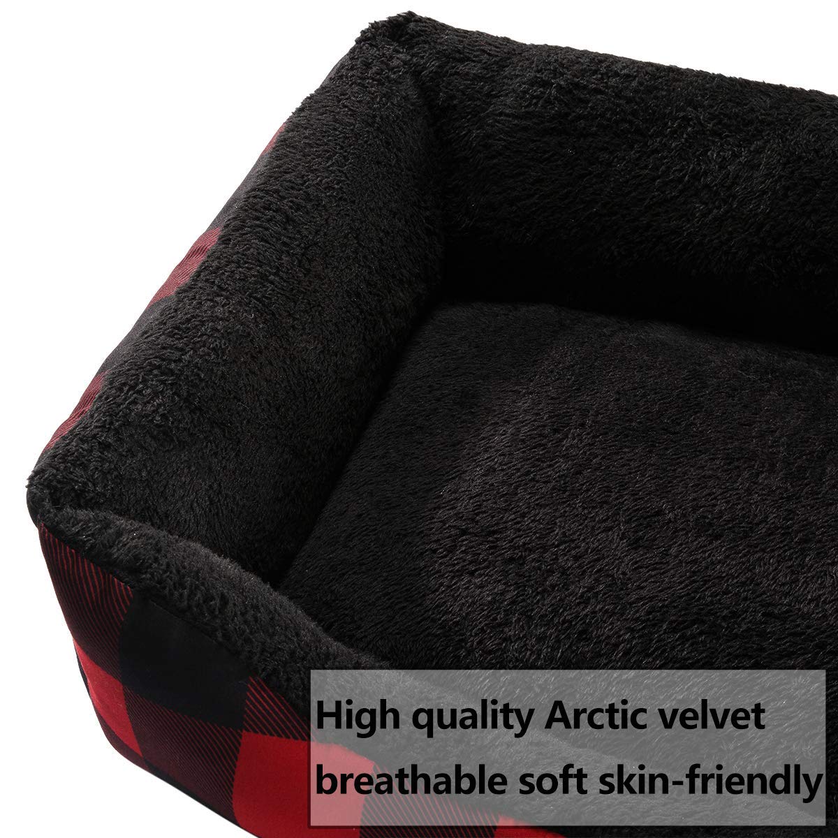 Hollypet Printed Flannel Rectangle Plush Dog Cat Bed Self-Warming Pet Bed, Red Checked