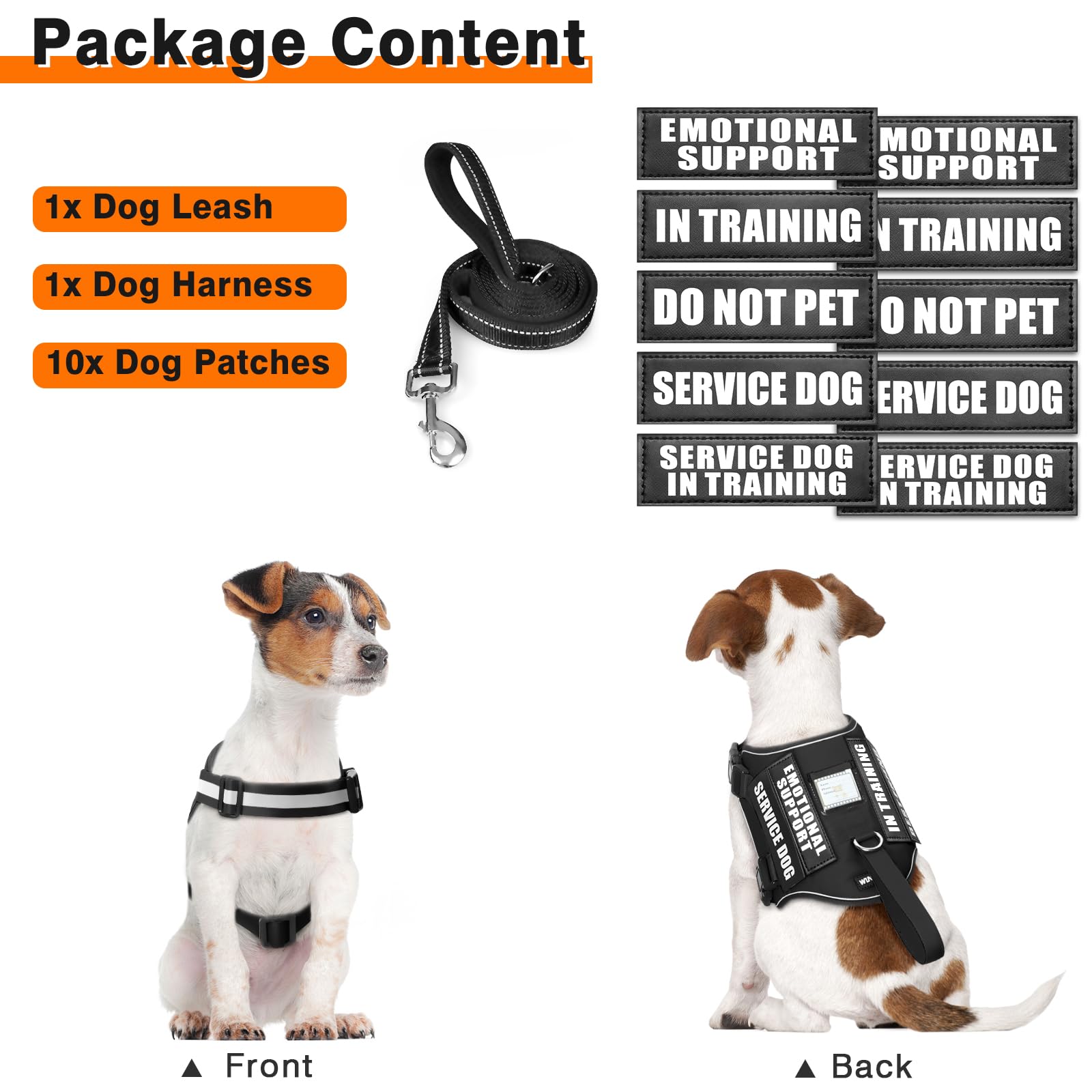 Winsee Service Dog Harness & Leash Set, Large, Black With 10 Patches, Reflective, Adjustable, For Medium & Large Dogs