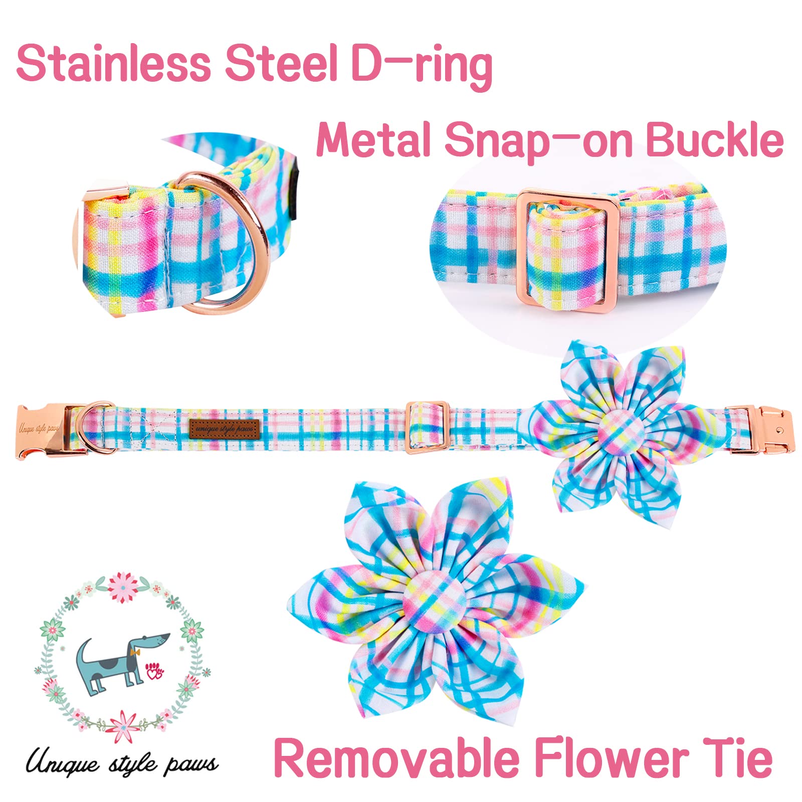 Unique Style Paws Easter Day Dog Collar With Flower Tie Blue Pink Grid Puppy Collar For Small Medium Large Boys Girls-Xl