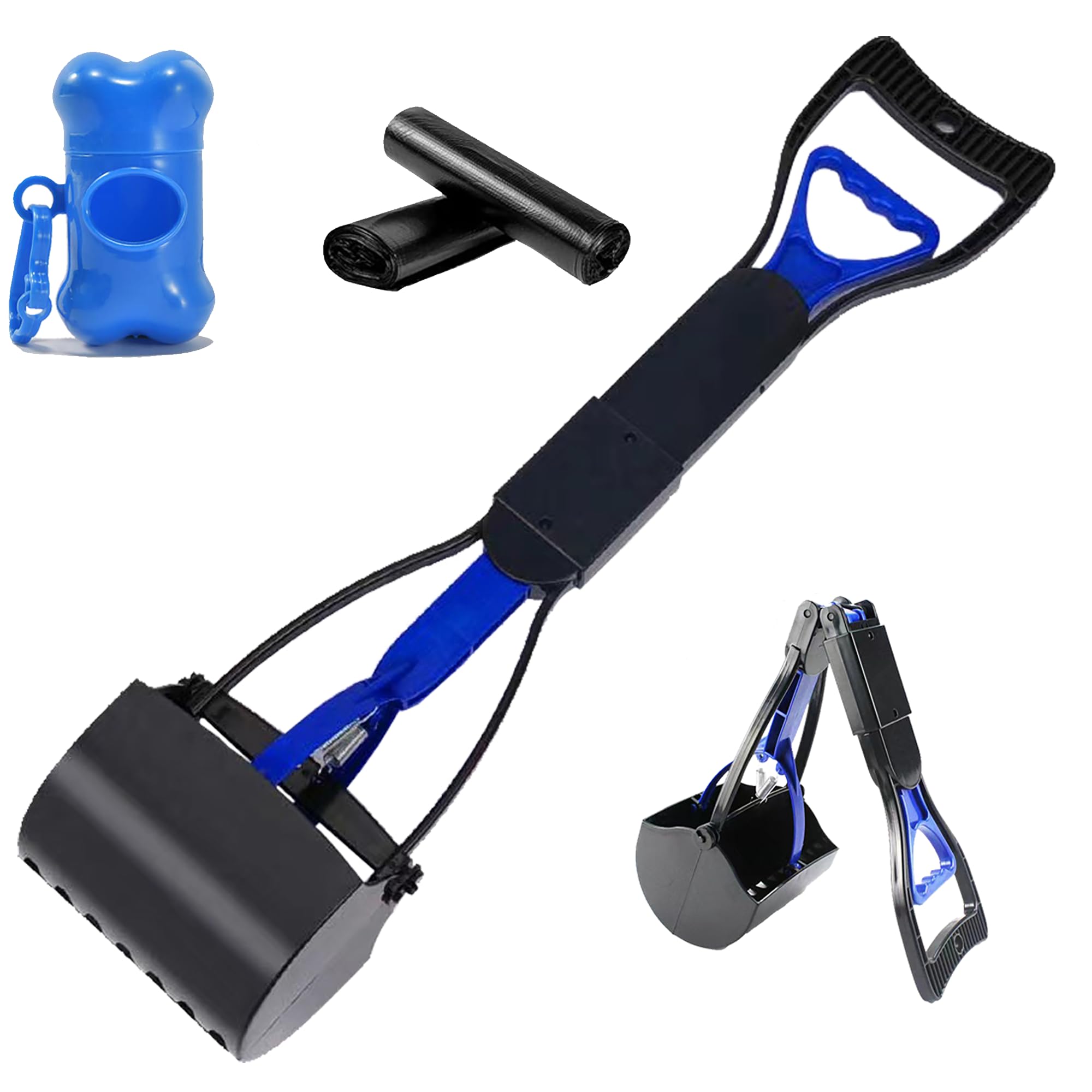 Non-Breakable 24 Inch Portable Dog And Cats Poop Scooper With Foldable Long Handle, 20 Pet Waste Bags & 1 Dispenser, Set For Yar