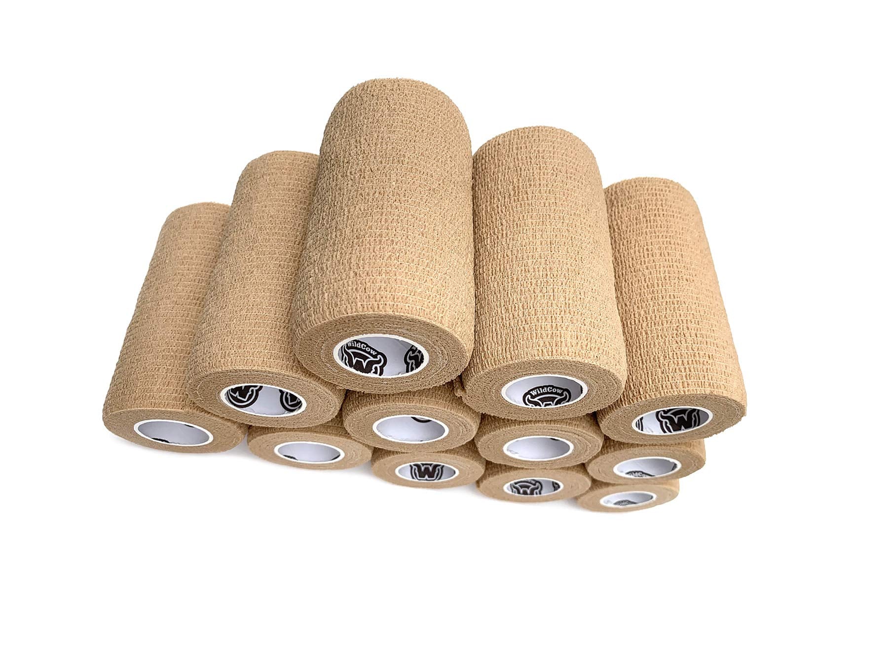 WildCow 4 Tan Vet Wrap Tape Bulk, 12 Pack Cohesive Bandage Wrap, Self Adherent Grip Rolls