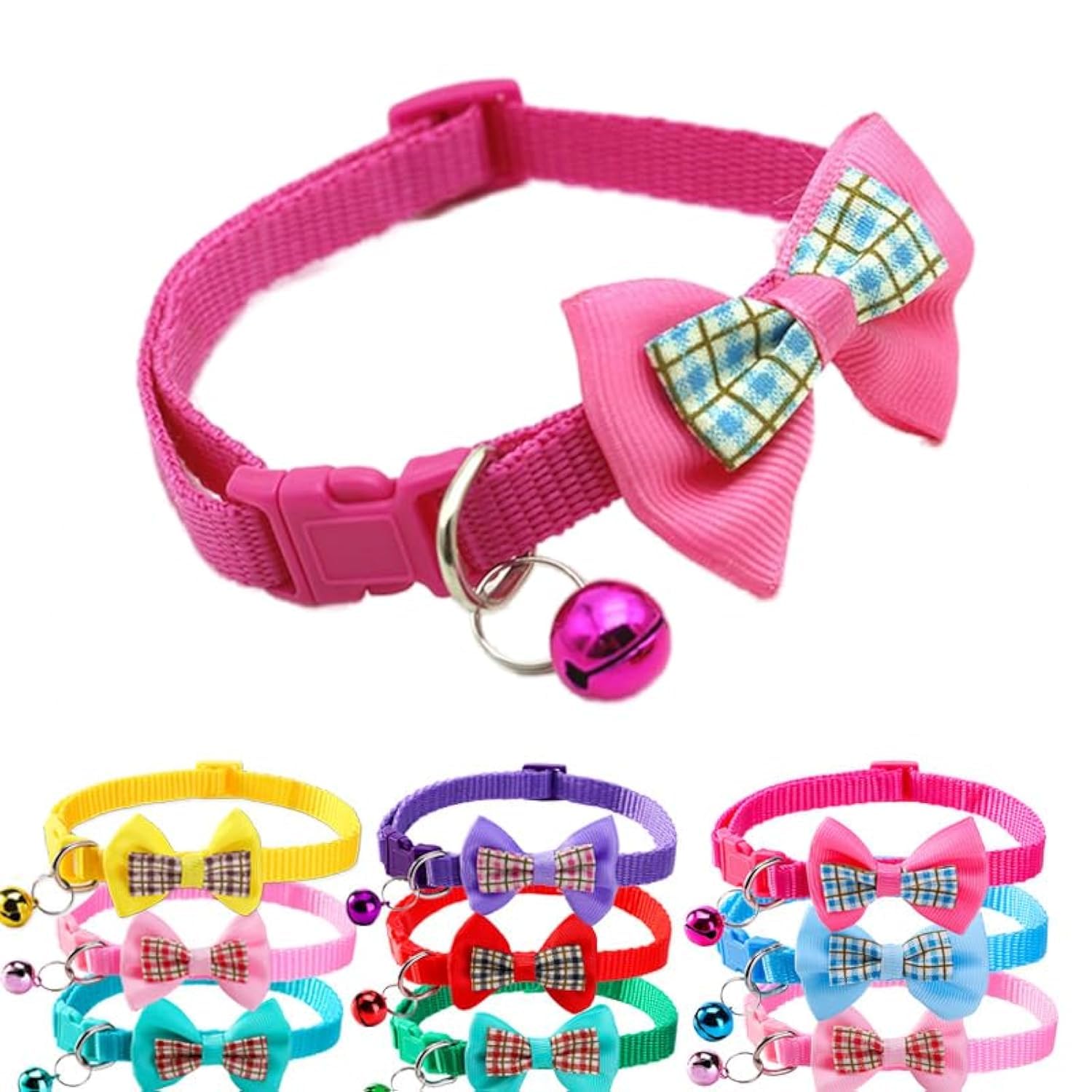 Hot Pink Dog Collar Bells For Small Dogs,Soft Nylon Identification Cat Collar Girl Puppy Collar With Bowtie Adjustable Buckle Fo