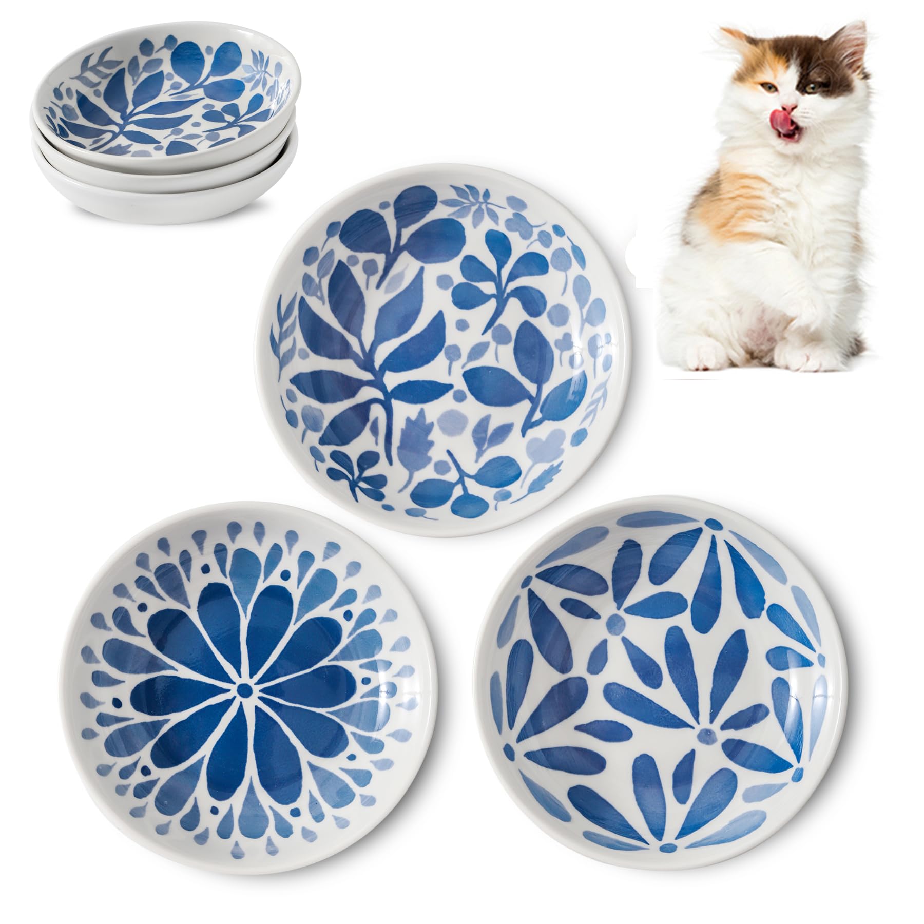 3 Ceramic Cat Bowls,5.5 inch Wide Shallow Cat Food Bowl for Relief Whisker Fatigue