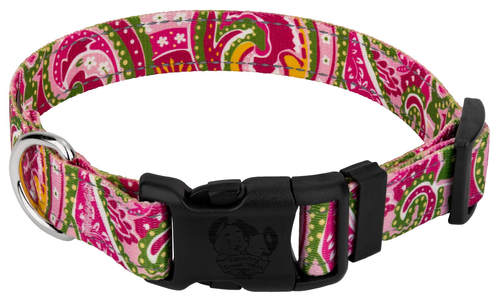 Country Brook Petz - Deluxe Pink Paisley Reflective Dog Collar Collection Featured Night Safe Designs (1 Inch, Extra Large)