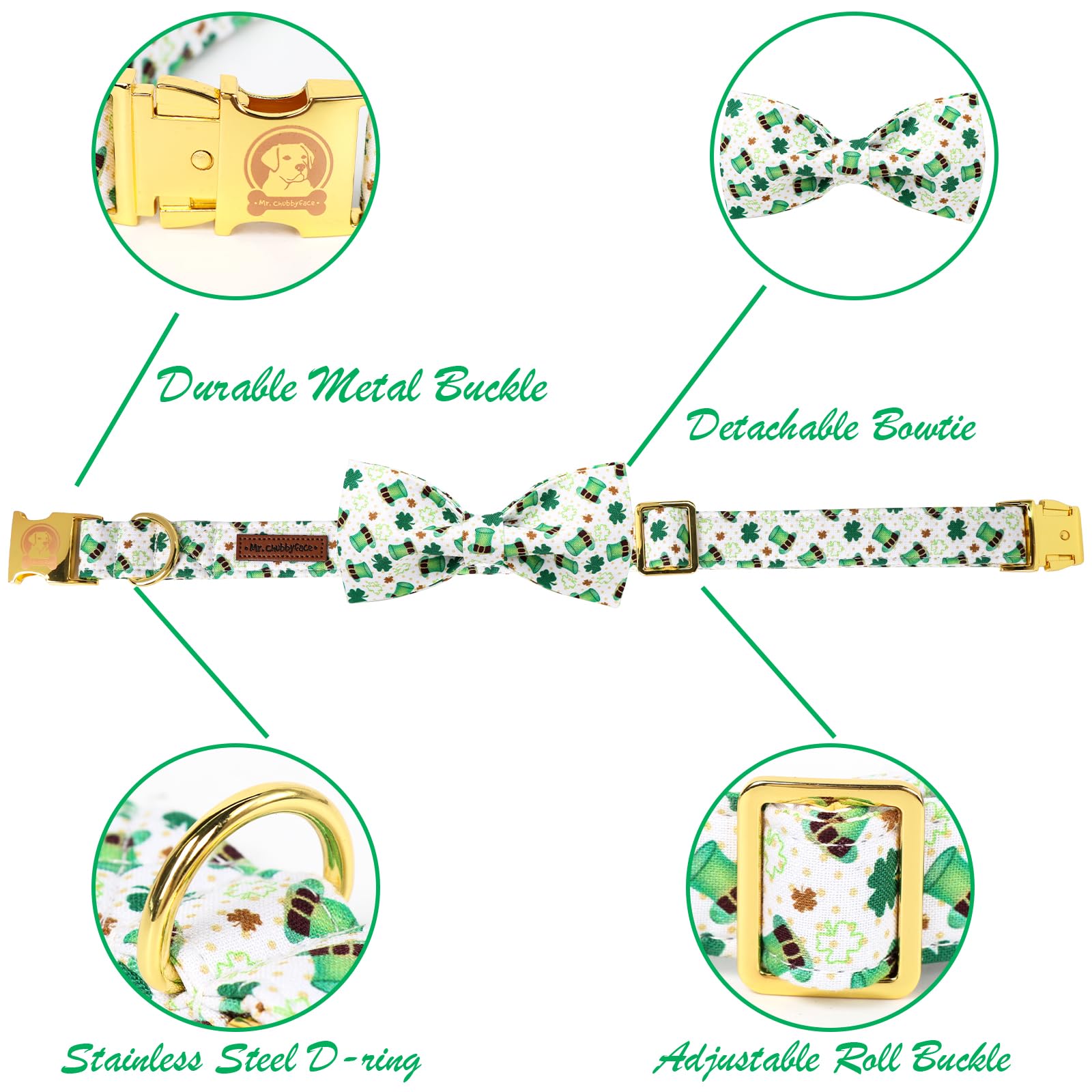 Mr. Chubbyface St.Patrick'S Clover Dog Collar With Bowtie, Green Clovers Shamrock Pattern Metal Buckle Dog Collar Adjustable Sha