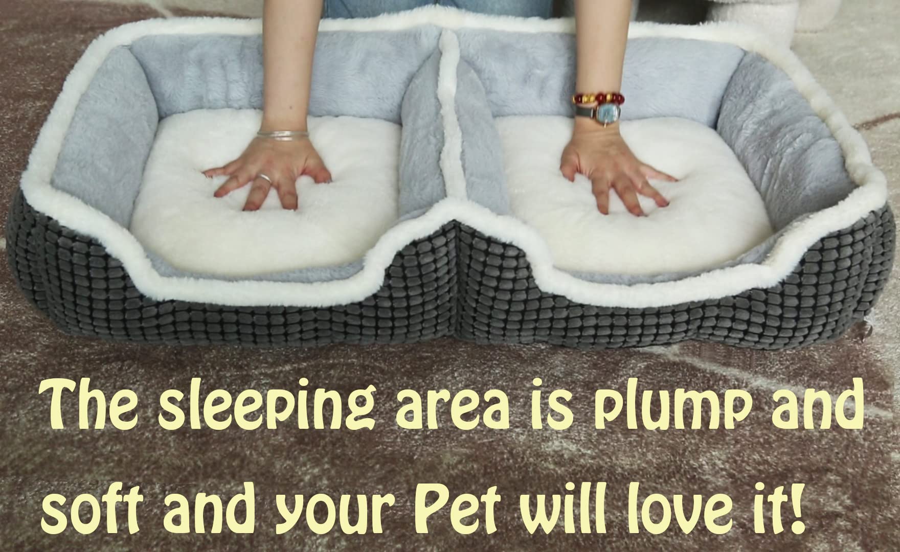 Dog Beds For Two Small Dogs, Double Cat Beds For Indoor Cats,Washabel Super Soft Durable Kitten Bed And Puppy Bed,?nti-Slip & Water-Resistant Bottom,Luxury Rectangle Grey Pet Bed