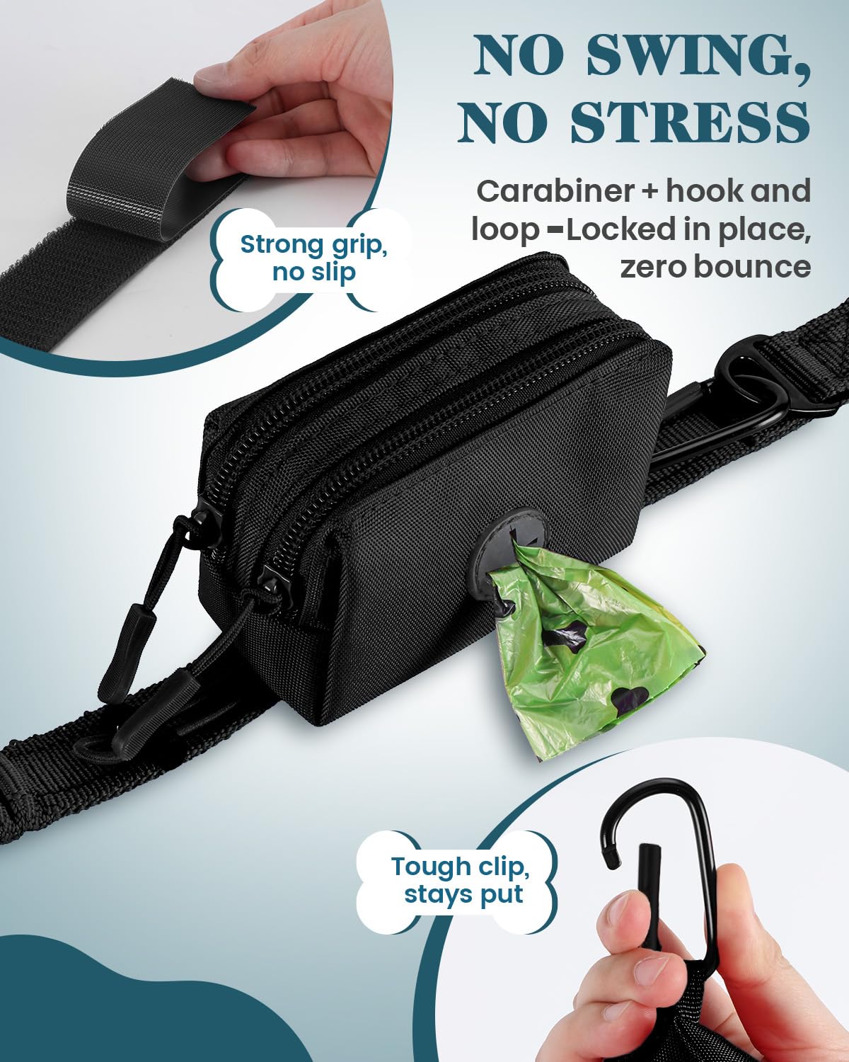 Dog Poop Bag Holder for Leashes, Black Doggie Waste Bag Dispenser and Treat Holder, with Carabiner Hook and Poop Bag Clip, Used