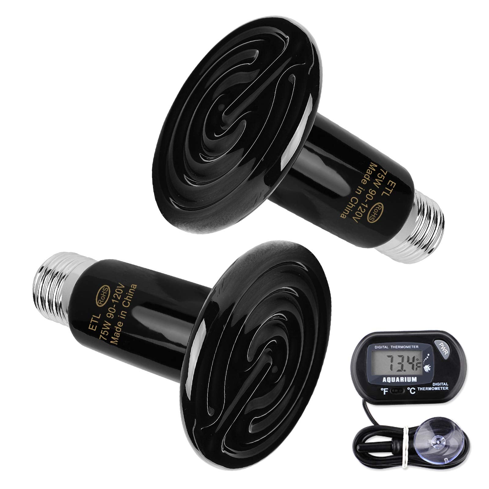 OMAYKEY 2-Pack 75W Ceramic Heat Lamp with 1-pcs Digital-Thermometer, Infrared Heat Emitter Bulbs for Reptiles, Amphibians, Chick
