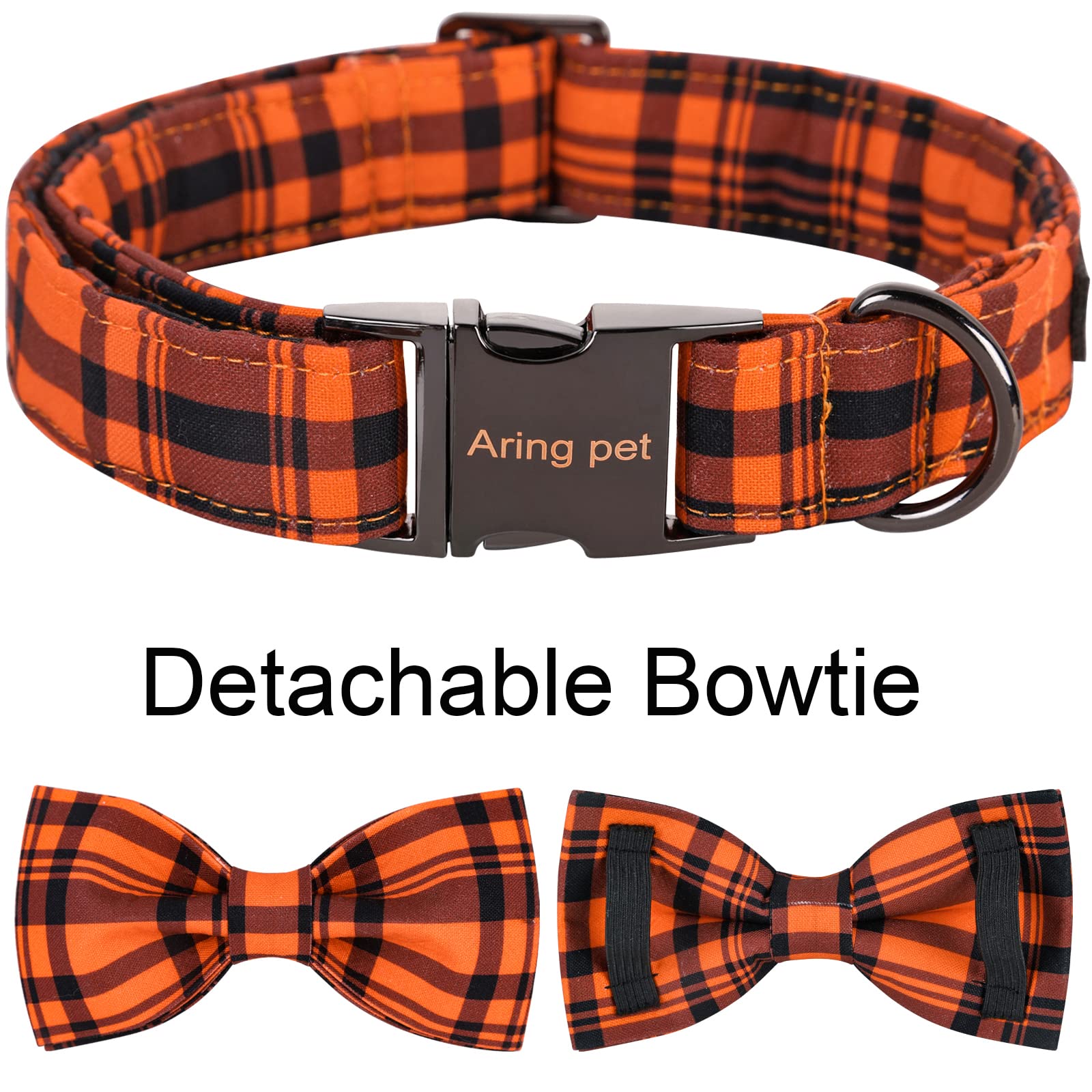 Aring Pet Dog Collar, Cute Fall Dog Collar With Bow, Adjustable Halloween Orange Grid Bowtie Dog Collars Gift With Metal Buckle
