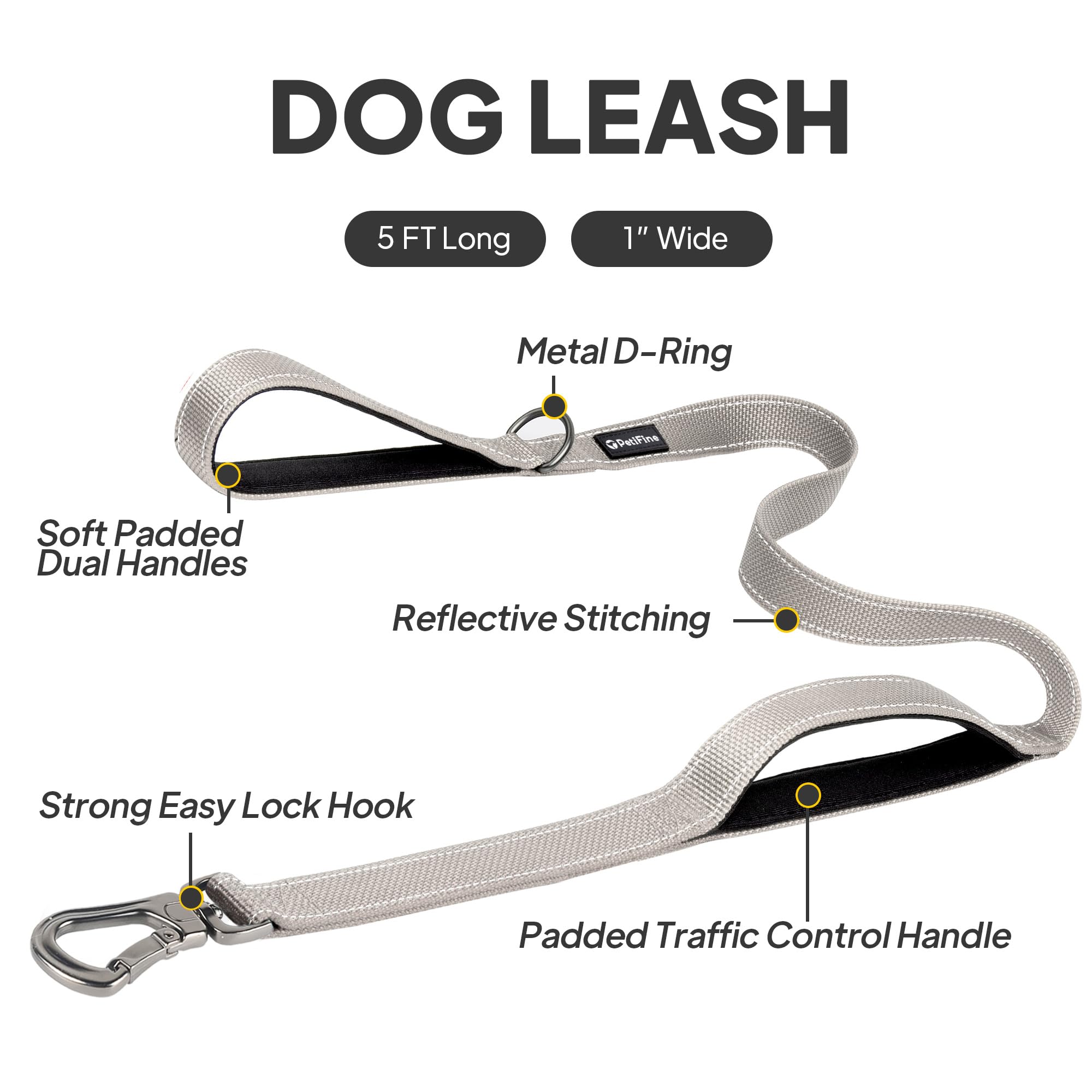 Petifine 5Ft Heavy Duty Dog Leash With Soft Padded Double Handle, Durable Strong Clasp Dog Leashes, Reflective Nylon Walking Lea