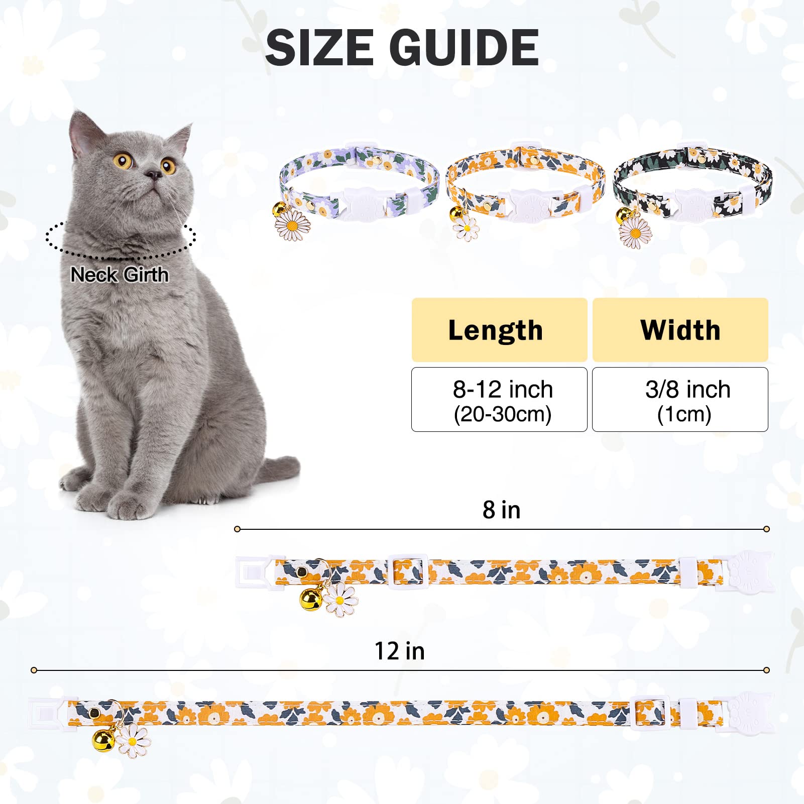 Dillybud 3 Pack Breakaway Cat Collars With Bell- Flower Pendant Spring Cat Collar For Girl Boy Cats With Safety Buckle- Cute Kit