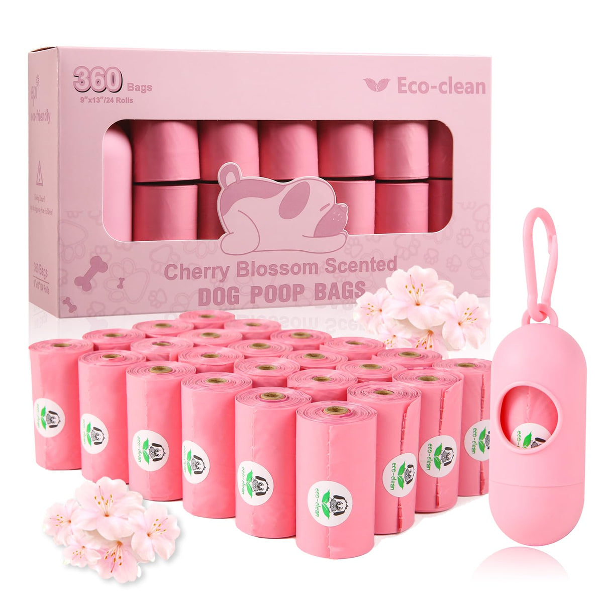 ECO-CLEAN 360 Count Dog Poop Bags with Dispenser, Leak-Proof, Cherry Blossom scented