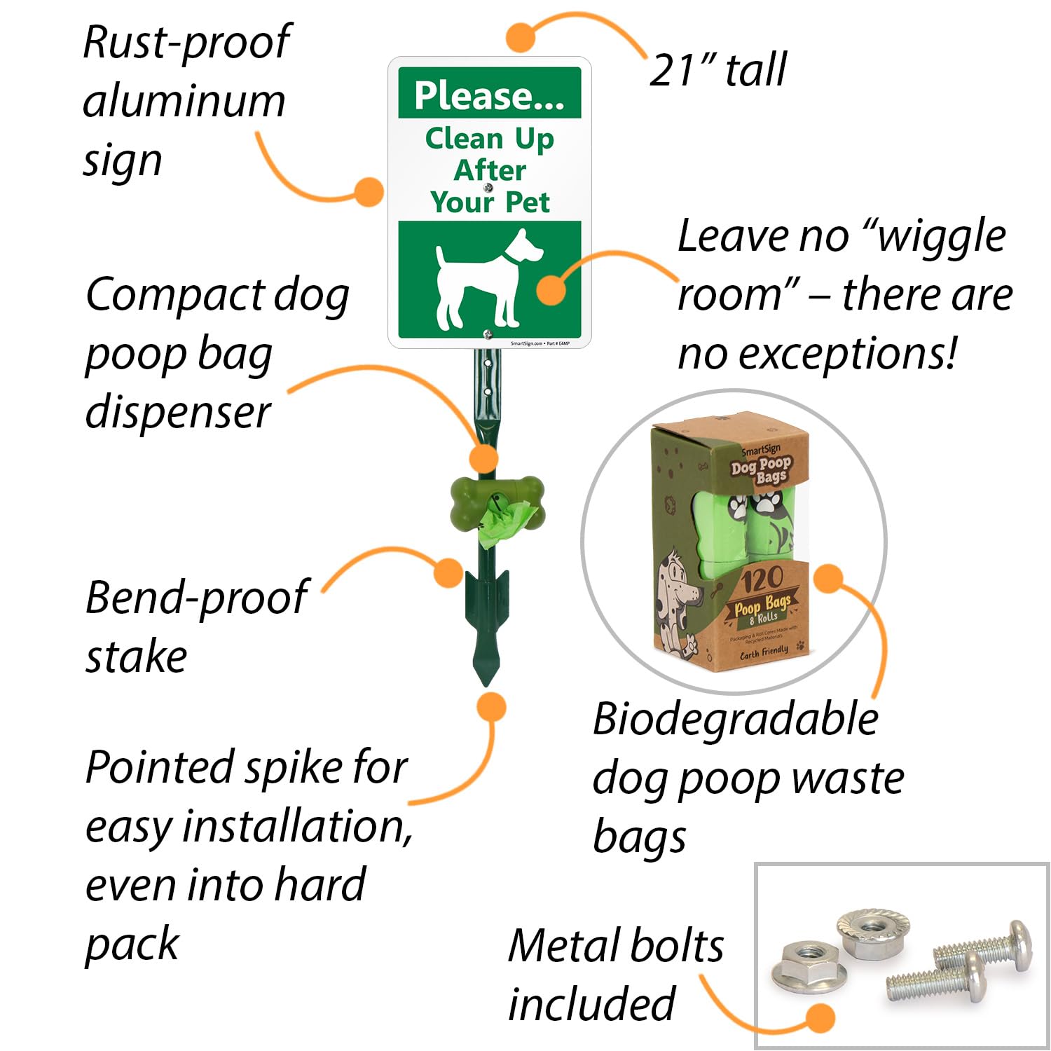 Smartsign Please Clean Up After Your Pet Yard Sign & Clip-On Preloaded Dispenser Combo/Kit With 135 Dog Poop Waste Bags, 7''X10'