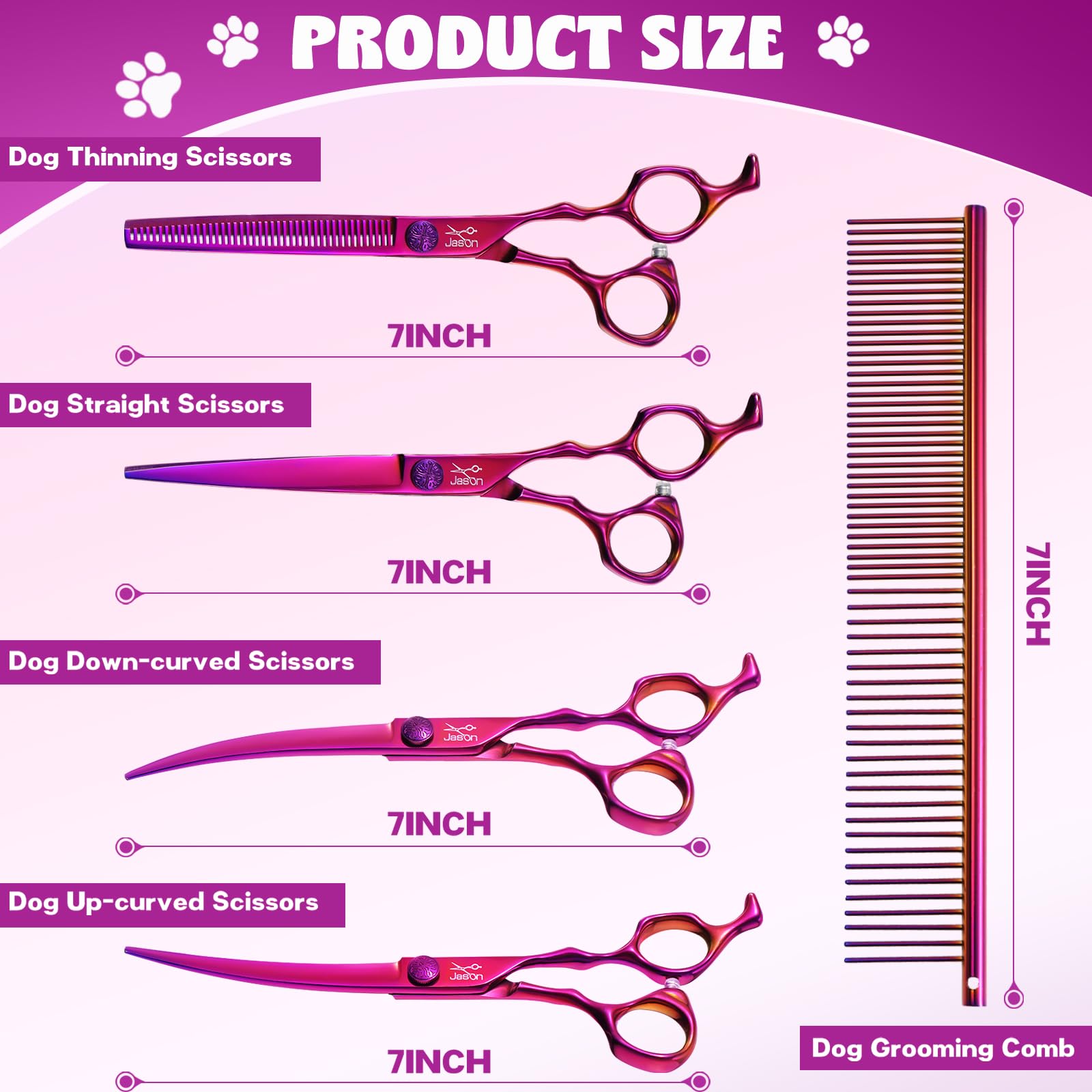 JASON Dog Grooming Scissors Set - Professional 6 in 1 Dog Shears Set - 7 '' Thinning Scissors, 7 '' Straight, 7 '' Up-Curved, 7