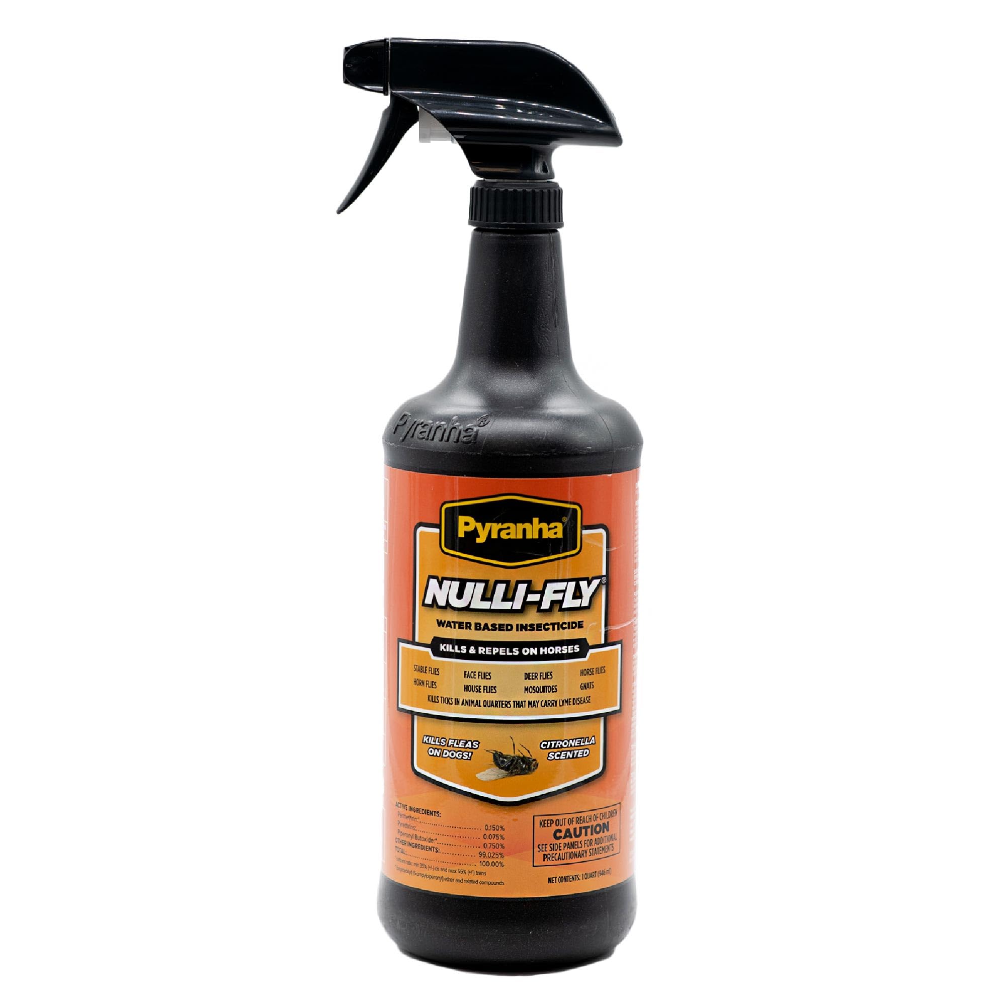 Pyranha Nulli-Fly Horse Fly Spray - Water-Based Formula for Sensitive Skin, Kills and Repels Flies, Gnats, Lice, Ticks, Ready to