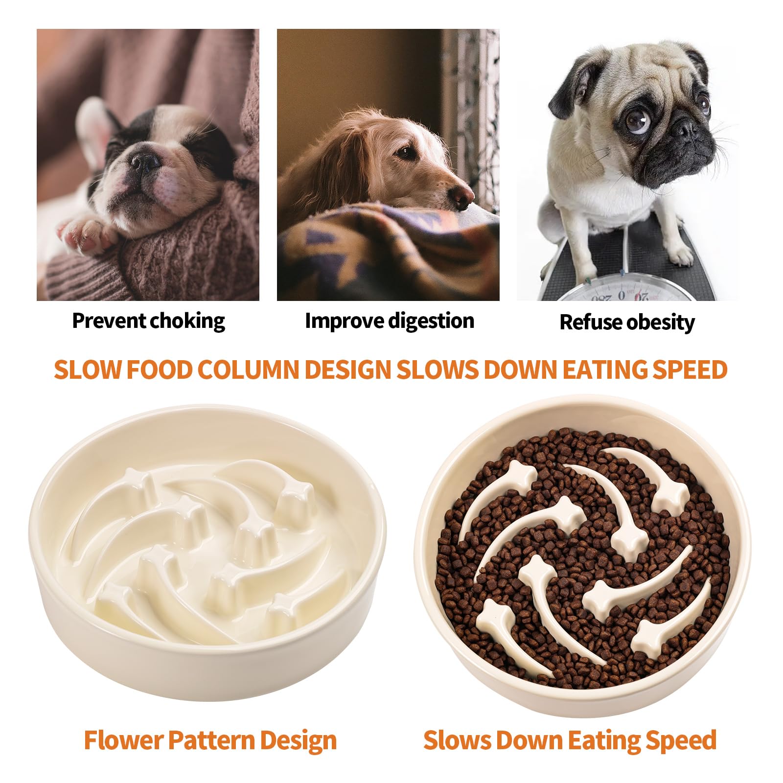 8.26 in Milk White Dog Bowl Slow Feeder Ceramic for Medium and Large Breed,Elevated/Raised Slow Feeding Dog Food Water Dish Heav