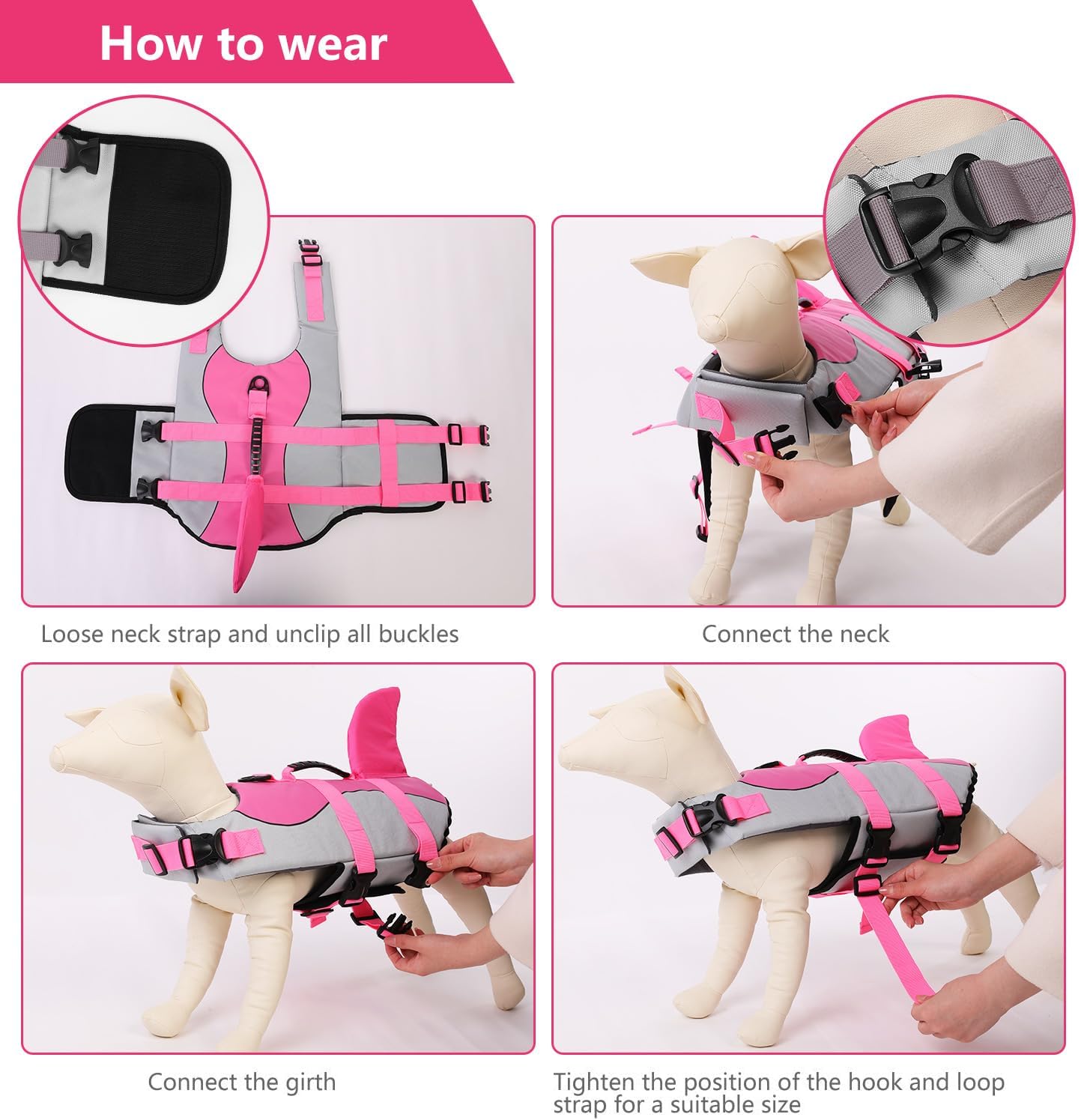 Asenku Dog Life Jacket Pet Life Safety Vest For Swimming Boating, Dog Shark Life Jackets Dog Lifesavers Swimsuits For Pool, Dog Water Floatation Vest For Small Medium Large Dogs, Shark Pink, Medium