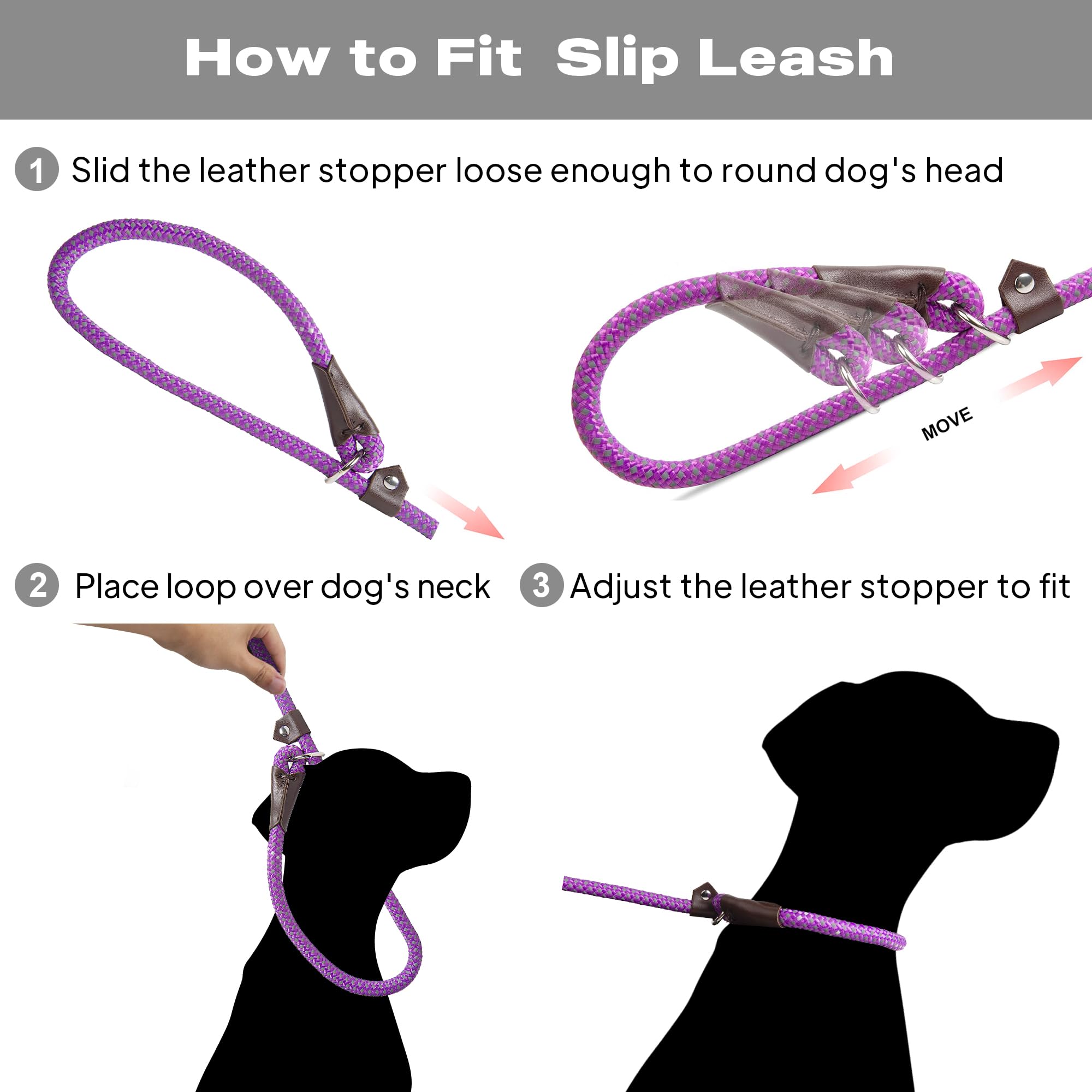 Twoear Dog Leash Dog Slip Rope Leash 6Ft Dog Training Leash Heavy Duty Strong Slip Lead Highly Reflective Threads For Small Medium And Large Dogs (Slim(3/8''X6Ft), Purple)