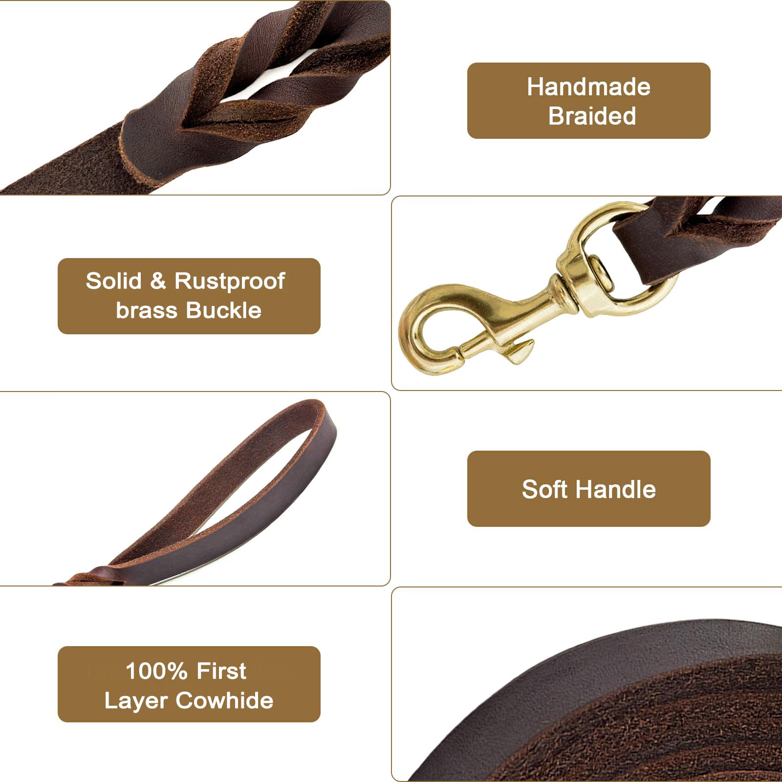 Guiding Star Leather Dog Leash - 8ft Heavy Duty Braided Training Leash for Large & Medium Dogs, Brown