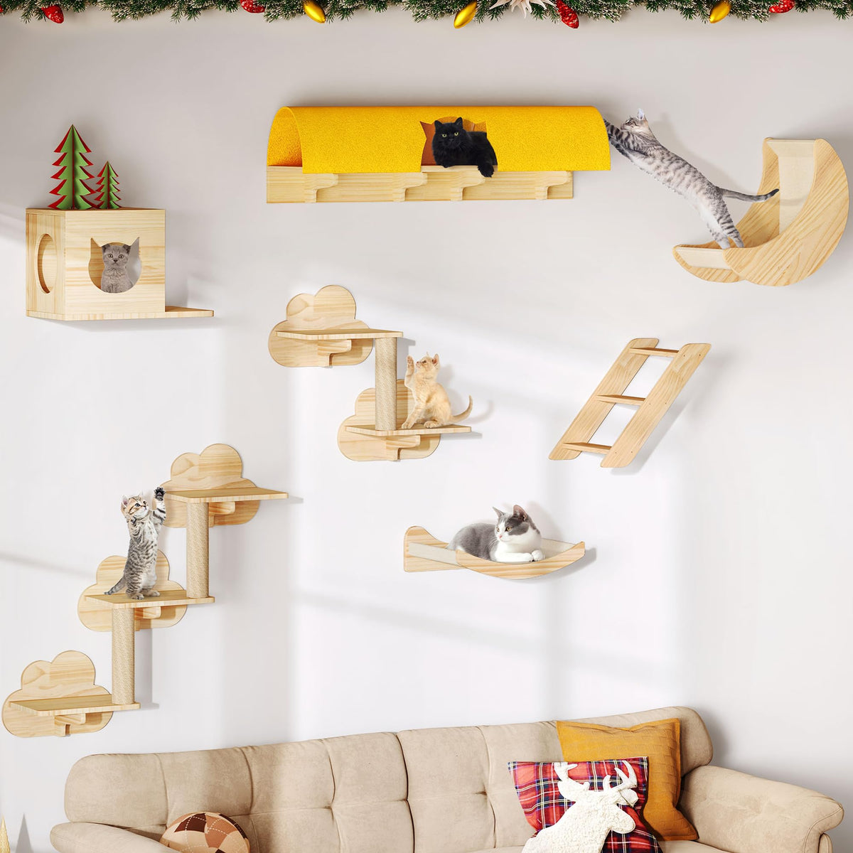 Dwvo Cat Wall Shelves And Perches For Wall, Solid Wood Wall-Mounted Cat Furniture, Set Of 13 Cats Climbing Shelves With Moon Hou