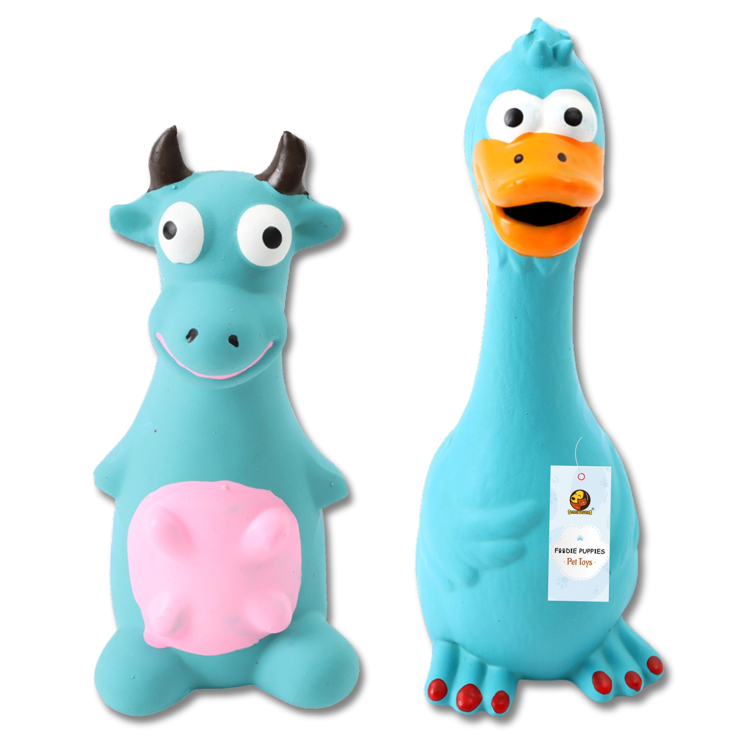 Foodie Puppies Latex Squeaky Dog Toys Combo  (Blue Duck And Blue Bull) | Durable, Animal Design Chew Toy For Teething, Fetching