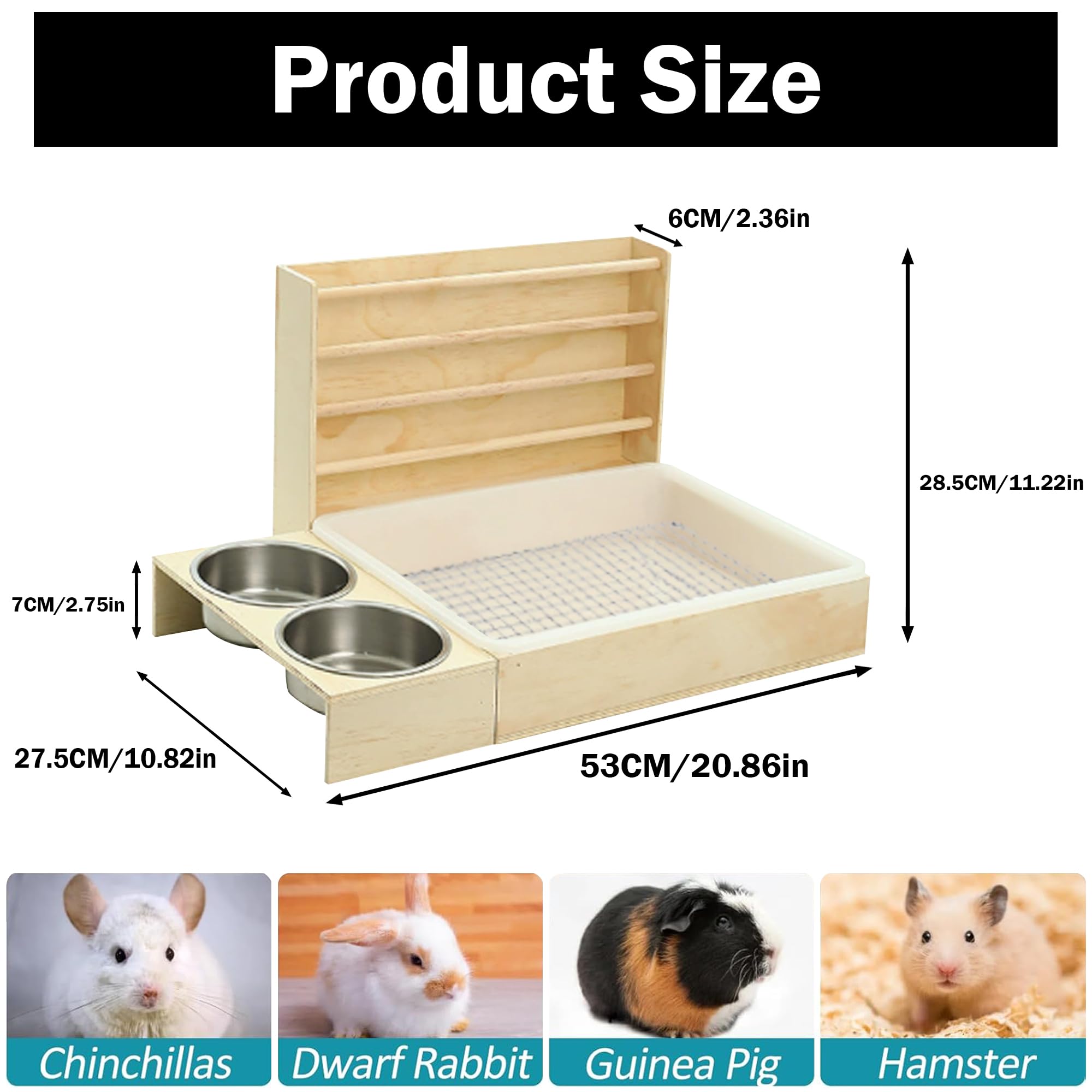 3 In 1 Rabbit Hay Feeder With Litter Box,Wooden Hay Feeder With 2 Bowls & Litter Box For Guinea Pig Chinchilla Bunny Other Small