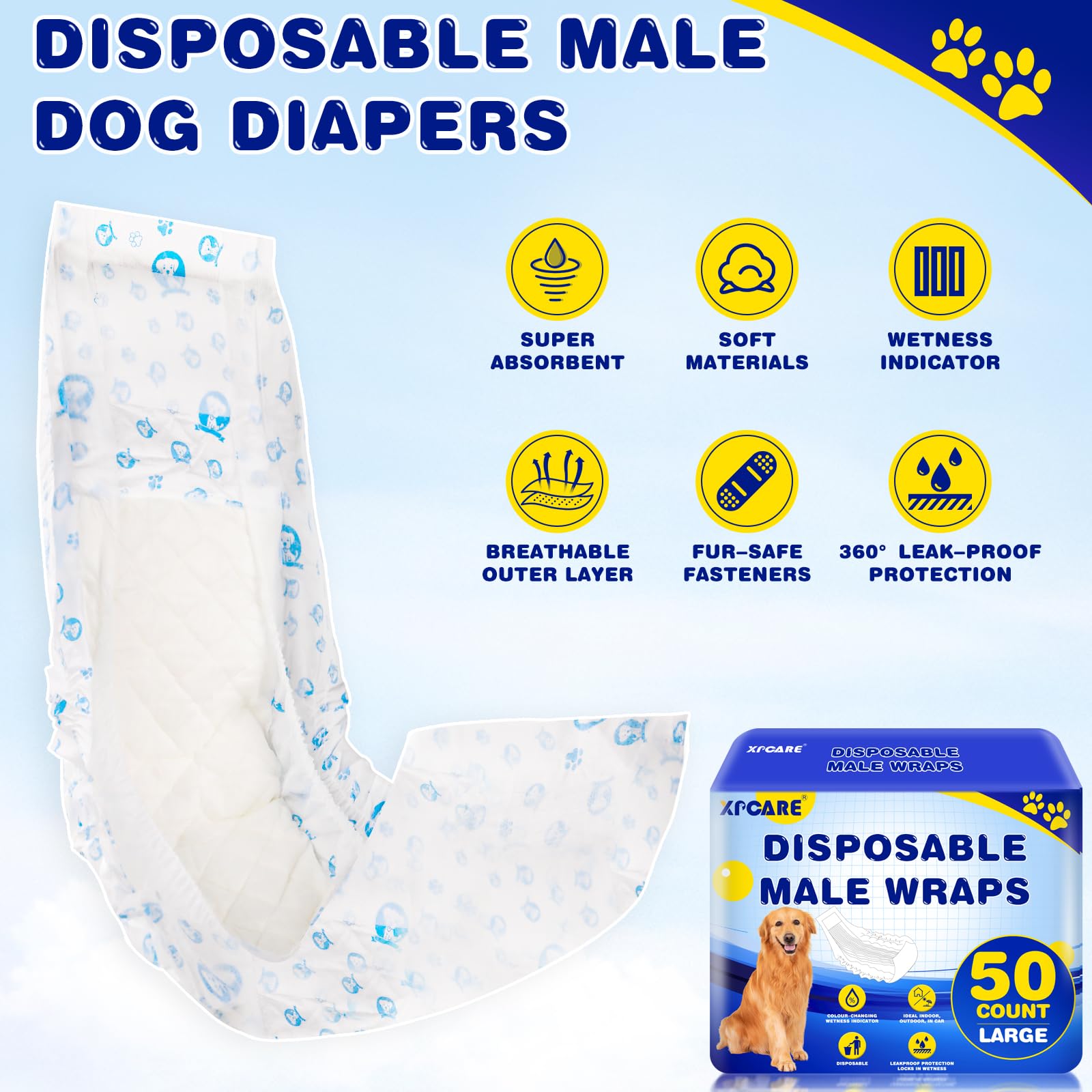 Xpcare 50 Count Disposable Male Dog Diapers, Male Dog Wraps,Super Absorbent Leak-Proof Fit (Large)