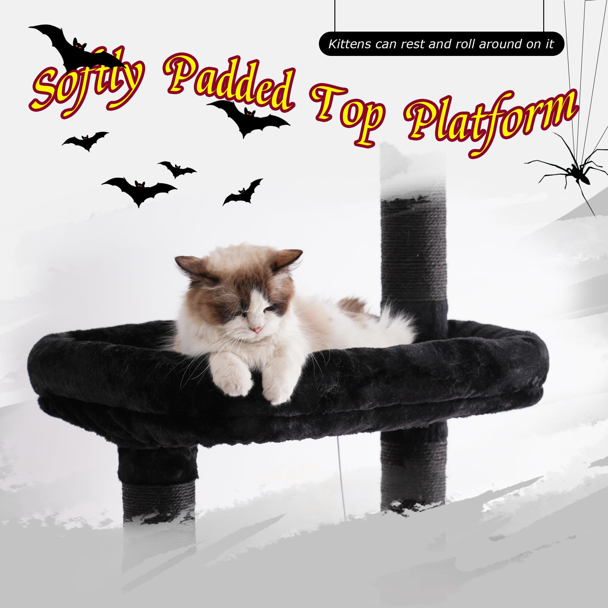 Hey-brother Gothic Cat Tree, Adjustable 98.4-110.2 in, Black and Red, Model 0MPJ091BR, Tall Climbing Tower with Scratching Post
