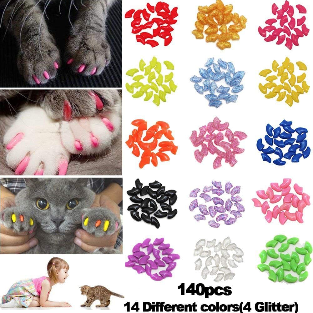 Joyjuly 140Pcs Cat Nail Caps Kitten Caps 4 Glitter Colors + 10 Colorful Cat Nails Caps Covers + 7 Adhesive Glue + 7 Applicator With Instruction