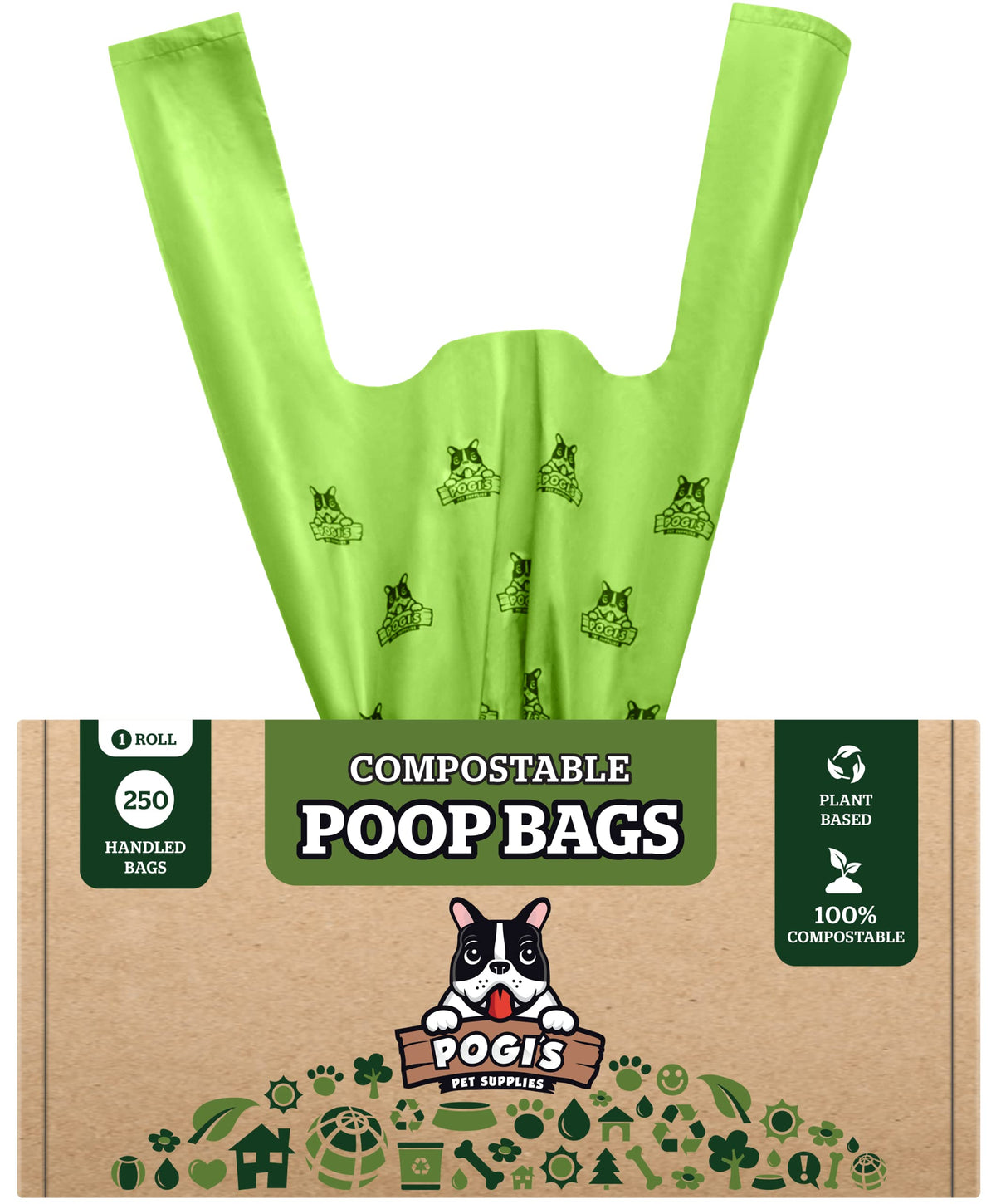 Pogi'S Compostable Dog Poop Bags With Handles - 250 Doggie Poop Bags With Easy-Tie Handles - Leak-Proof Dog Waste Bags, Plant-Based, Astm D6400, En 13432 Certified Extra Large Poop Bags For Dogs