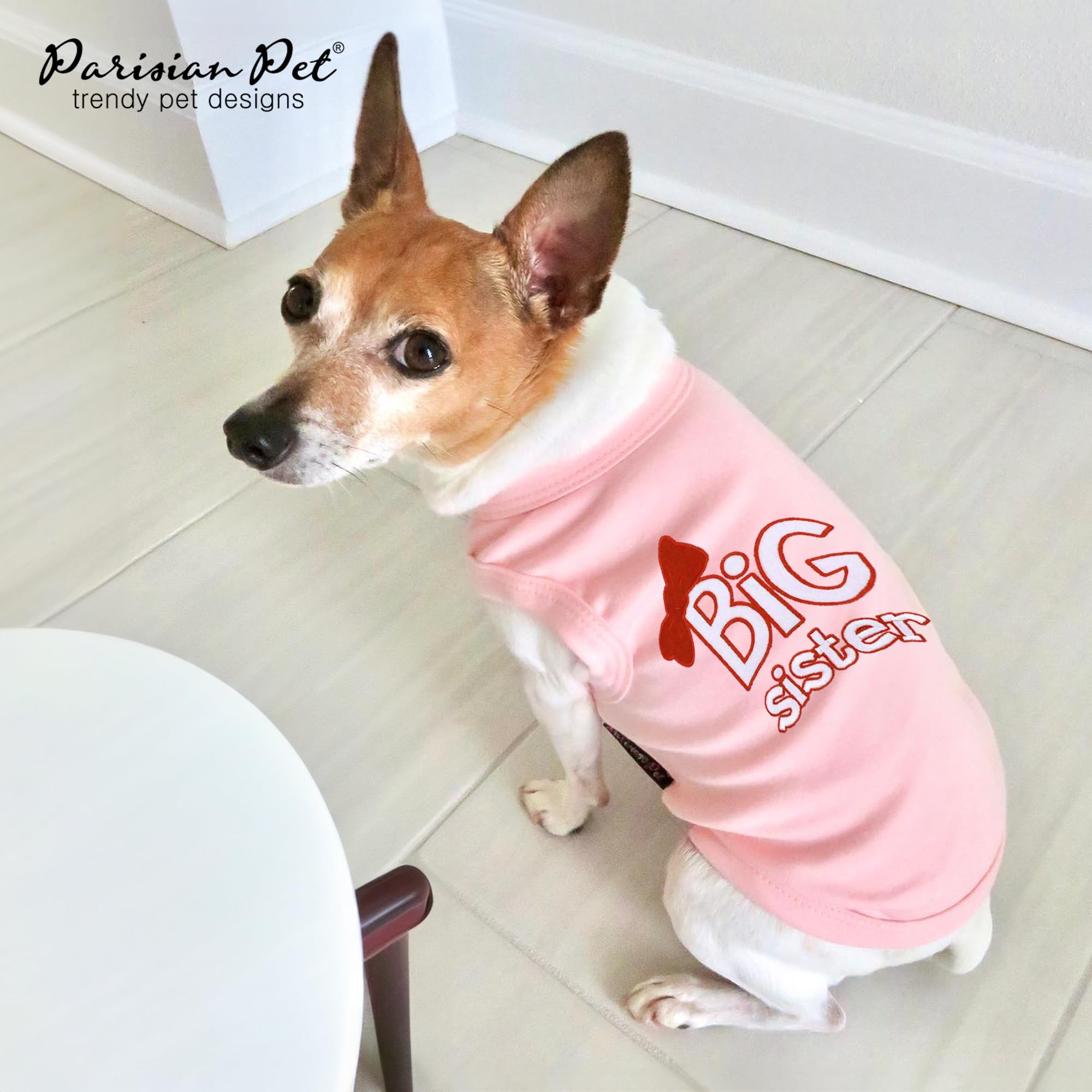 Parisian Pet Dog T-Shirt With Embroidered ' Big Sister ' - Breathable Big Sister Dog Shirt - Sleeveless Pet Vest - Machine Washable Pink Dog Shirts For Small Dogs, S