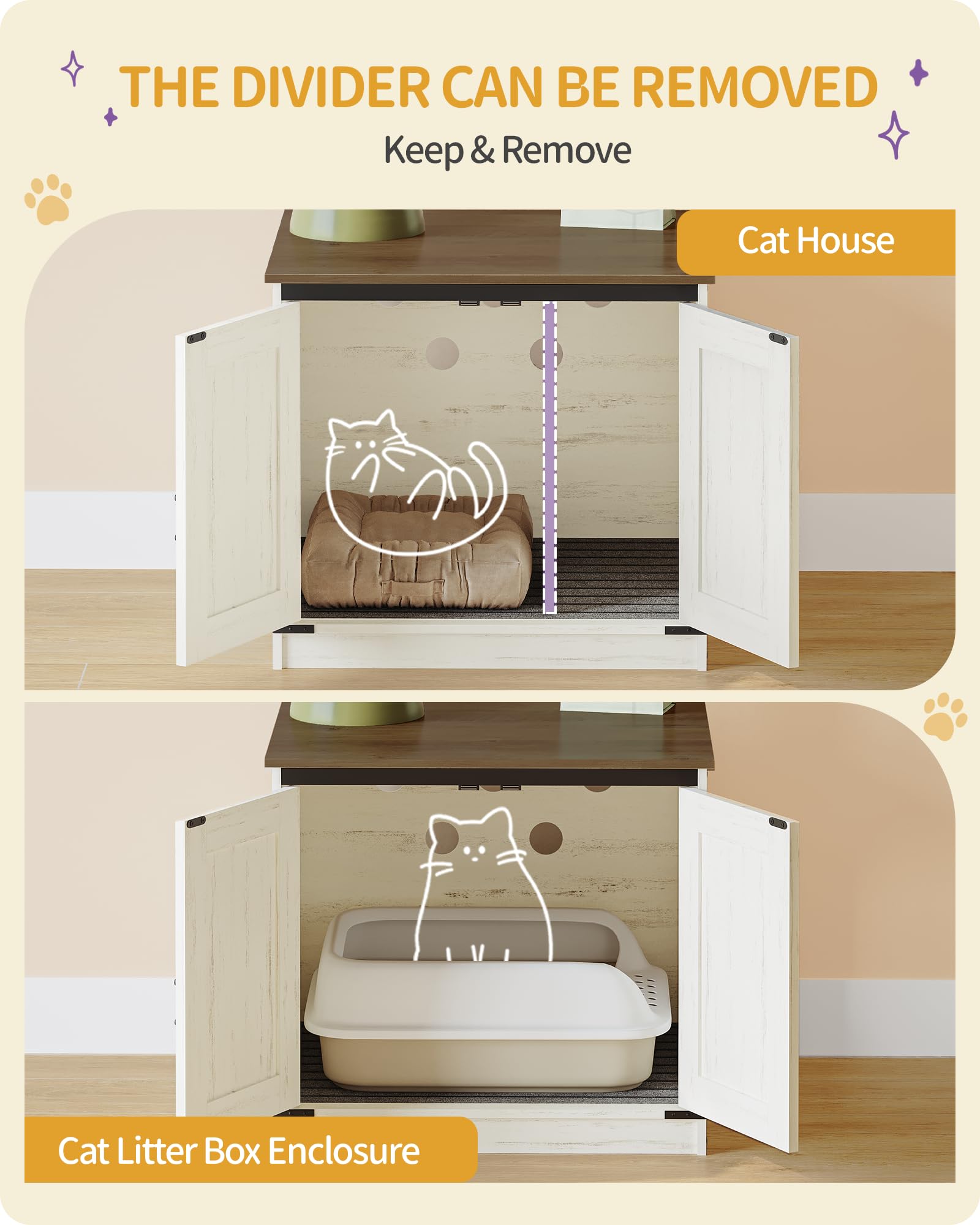 Hzuaneri Cat Litter Box Enclosure, Hidden Litter Box Furniture with Removable Dividers, Reversible Entrance Left or Right Side,