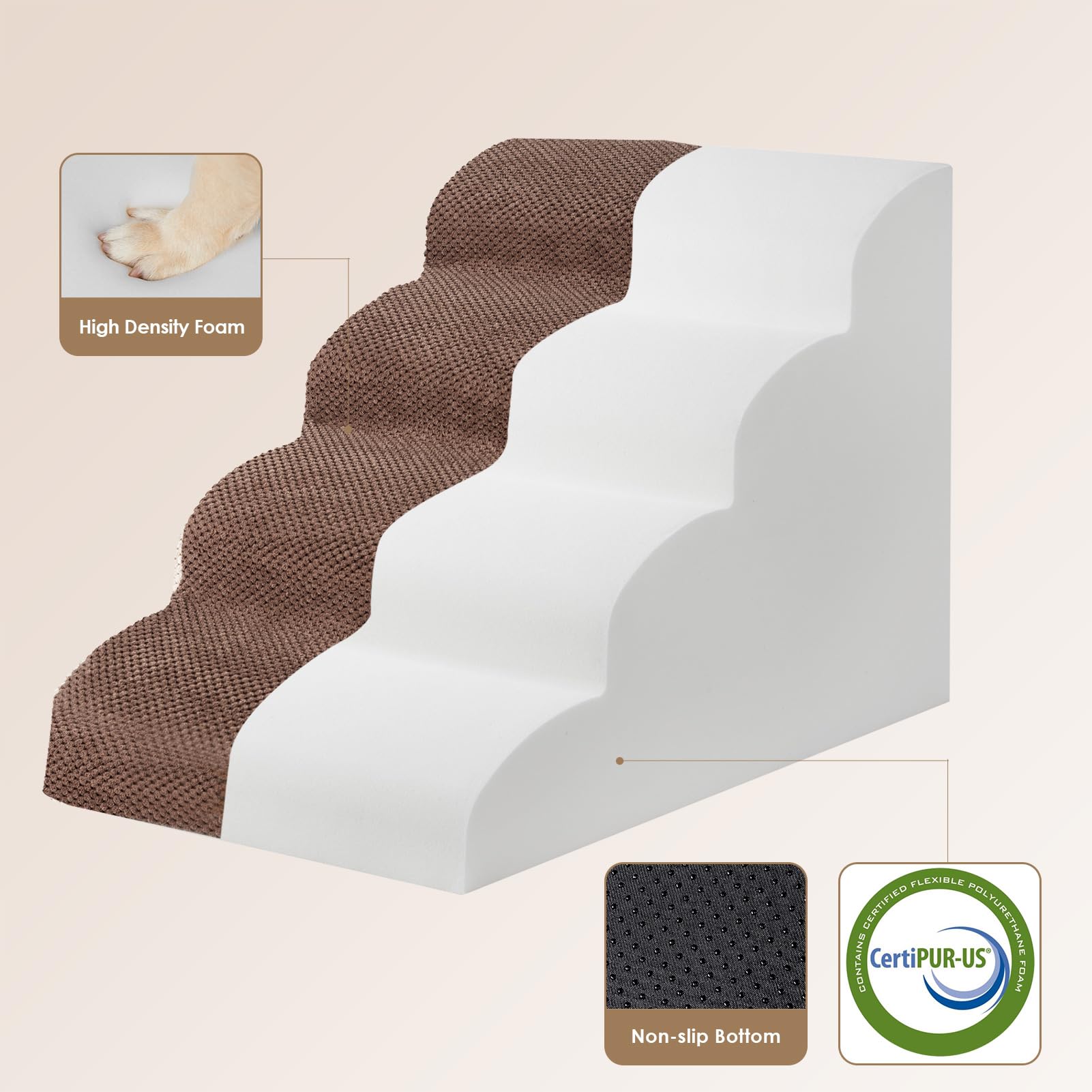Eheyciga Curved Dog Stairs Ramp For High Beds 19.7' H, 4-Step Dog Steps For Small Dogs And Cats, Pet Stairs For High Bed Climbing, Non-Slip Balanced Pet Step Indoor, Brown