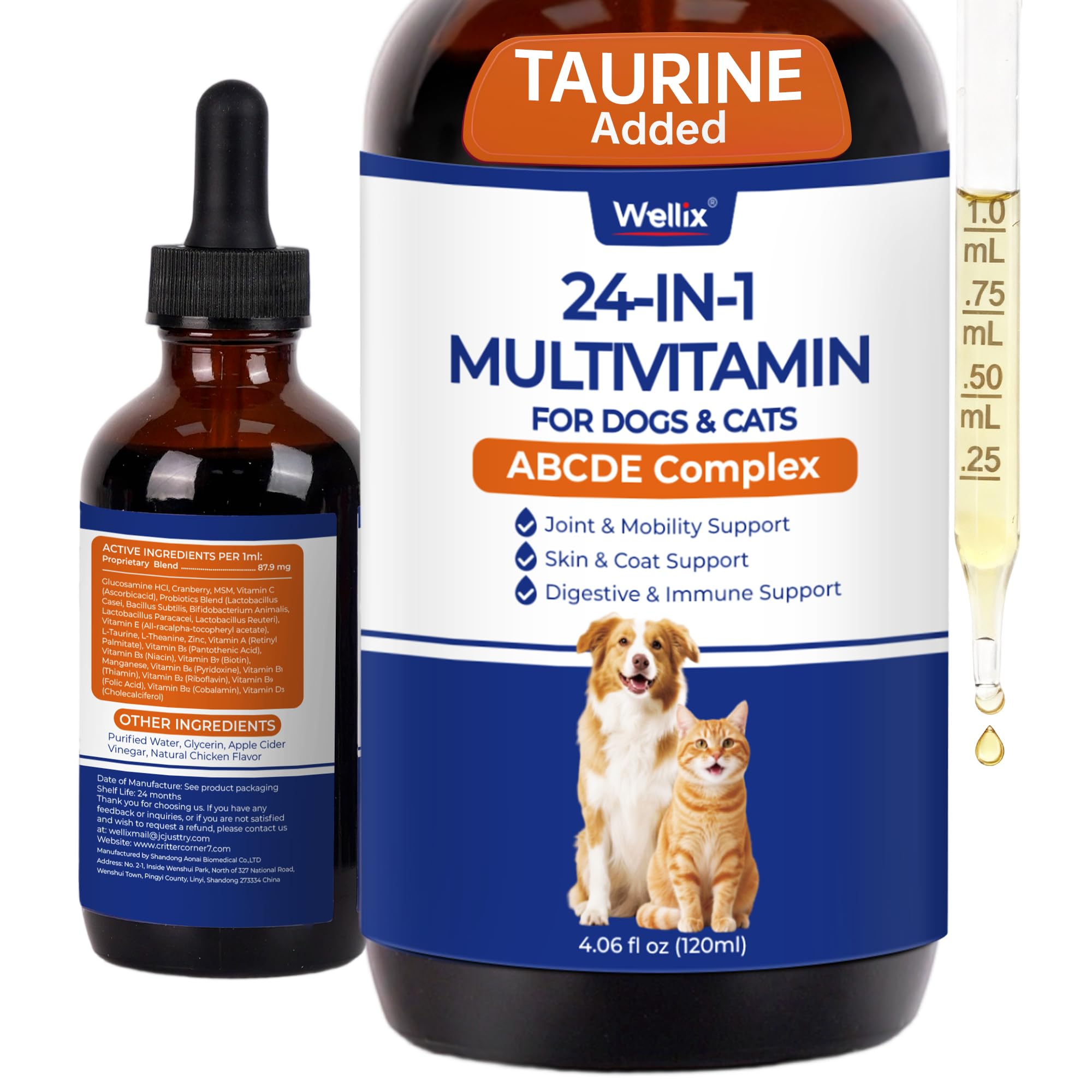 Wellix 4.06 FL oz 24-in-1 Liquid Multivitamin with Taurine for Dogs & Cats, Pet Vitamins and Supplements with Glucosamine, Cranb