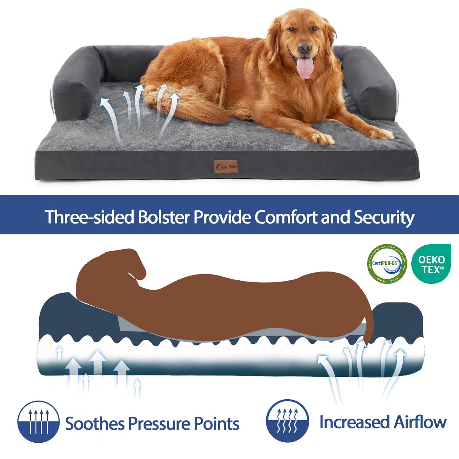Casa Paw XXL Dog Bed with Bolsters, Orthopedic, Waterproof, Memory Foam, Removable Washable Cover, Nonskid Bottom (XX-Large, Dar