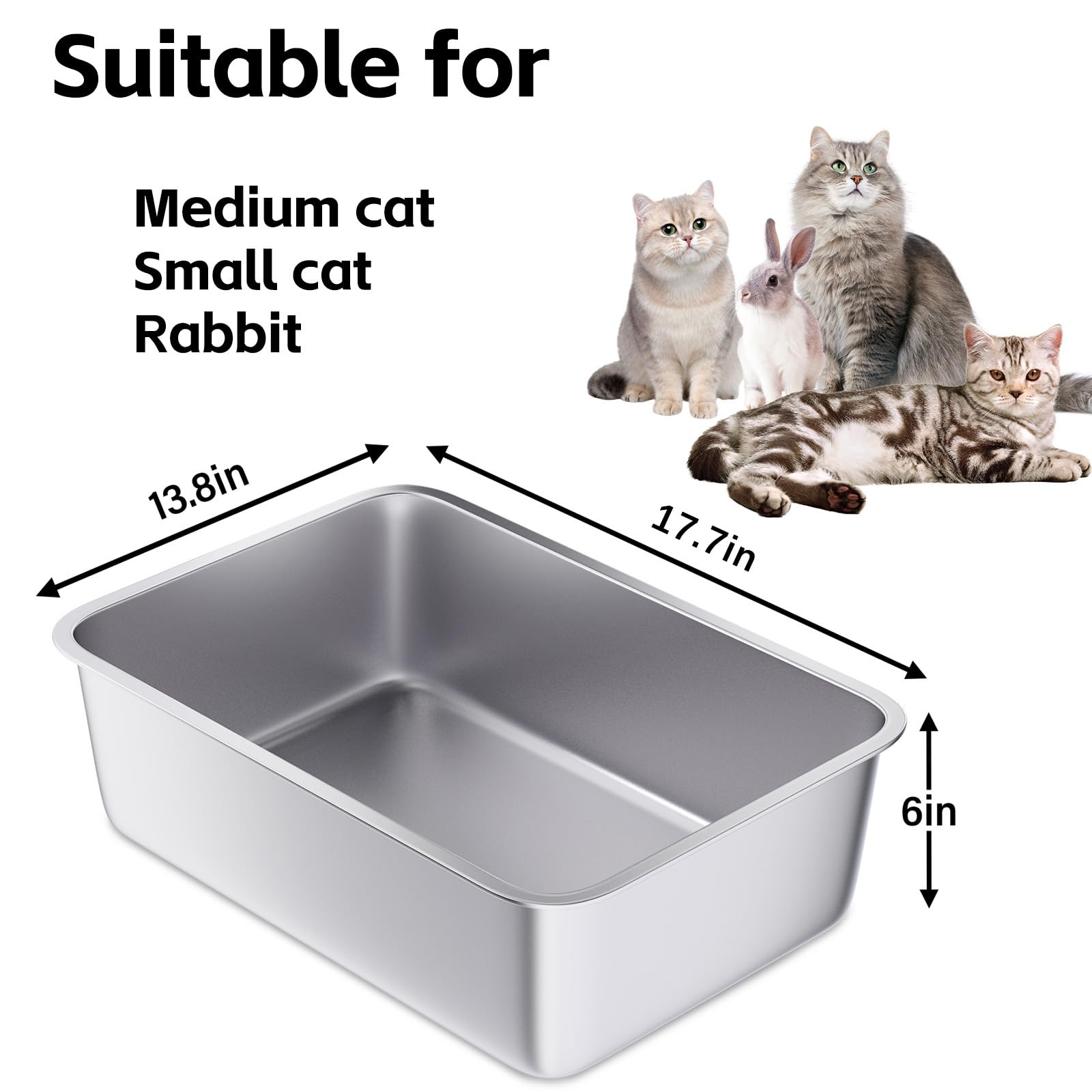 Egmehoad Stainless Steel Cat Litter Box-Metal High Sided Litter Box, Large Cats Litter Pan Easy To Clean, Pet Toilet For Kitten,