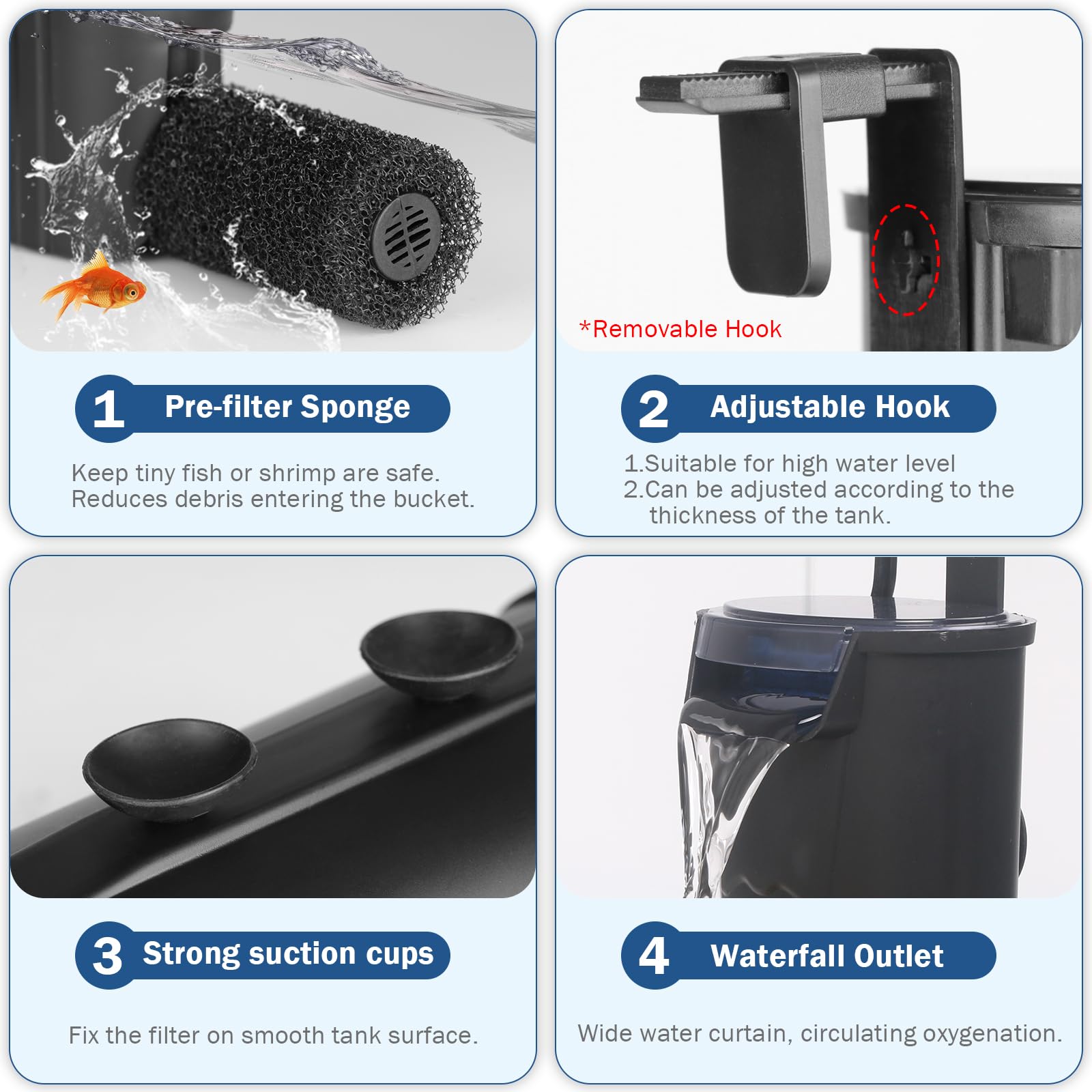 Turtle Tank Filter Aquarium Internal Filter for 3 to 20 Gallon Fish Tank, Bio-filtration Low Water Level Small Power Canister Fi