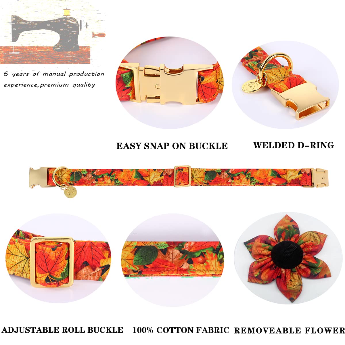 Dogwong Fall Dog Collar With Bow, Halloween Thanksgiving Dog Bowtie Collar, Adjustable Autumn Cotton Maple Leaf Bowtie Dog Fall