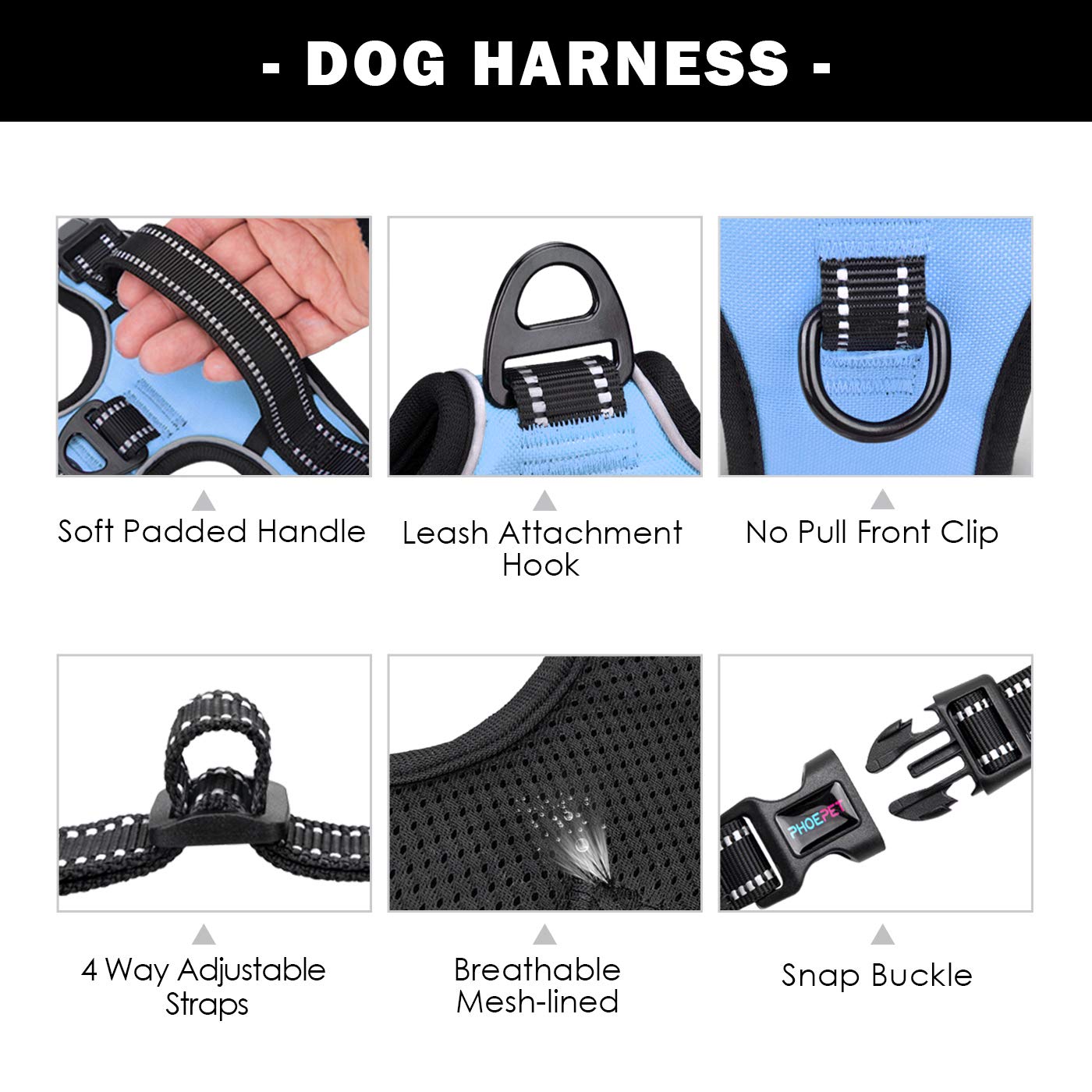 Phoepet No Pull Dog Harness Medium Reflective Front Clip Vest With Handle,Adjustable 2 Metal Rings 3 Buckles,[Easy To Put On & Take Off](Xl, Royal Blue)