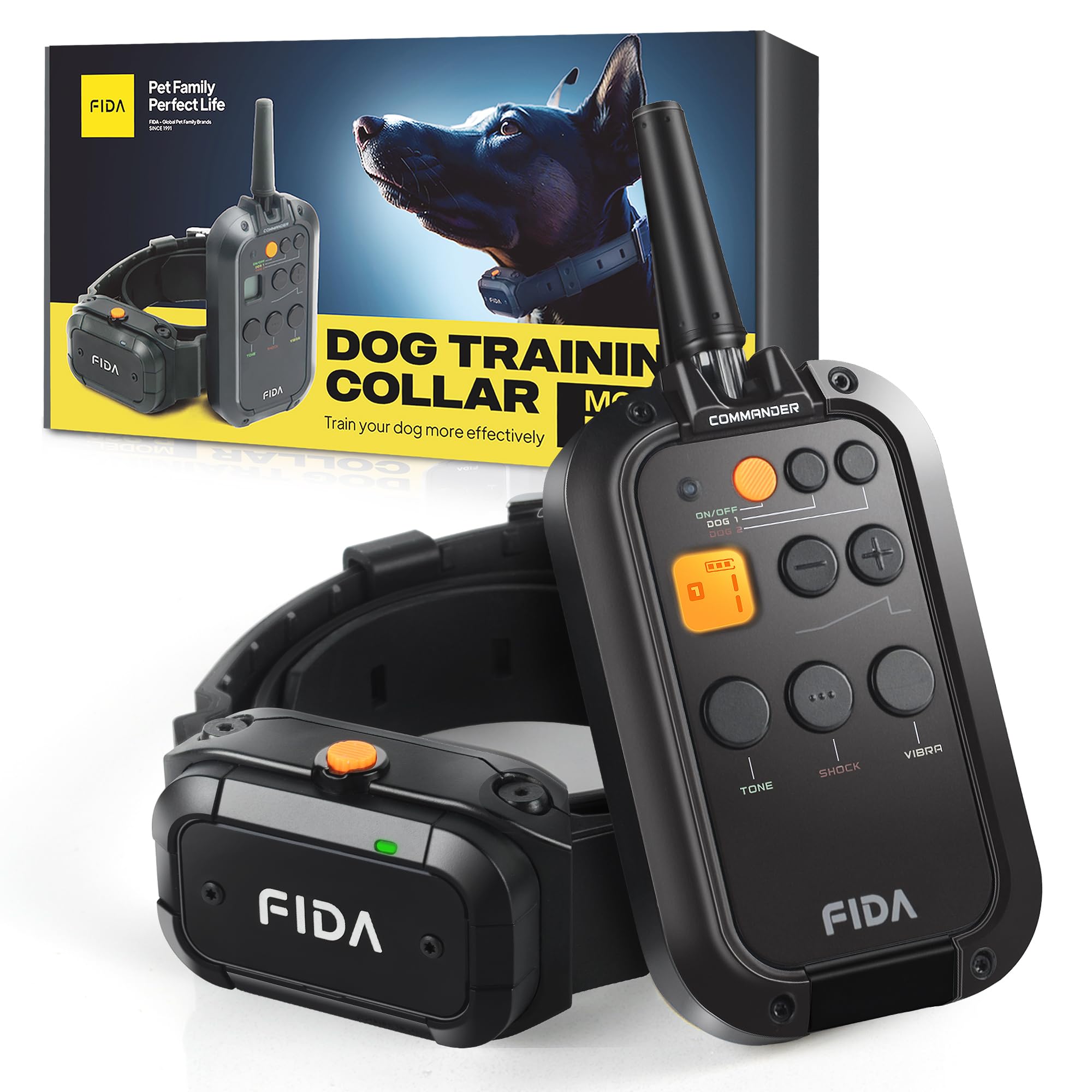 Fida Dog Shock Collar With Remote 3/4 Mile Range E Collar For Dogs Training, Ipx7 Waterproof Rechargeable Dog Training Collar Fo