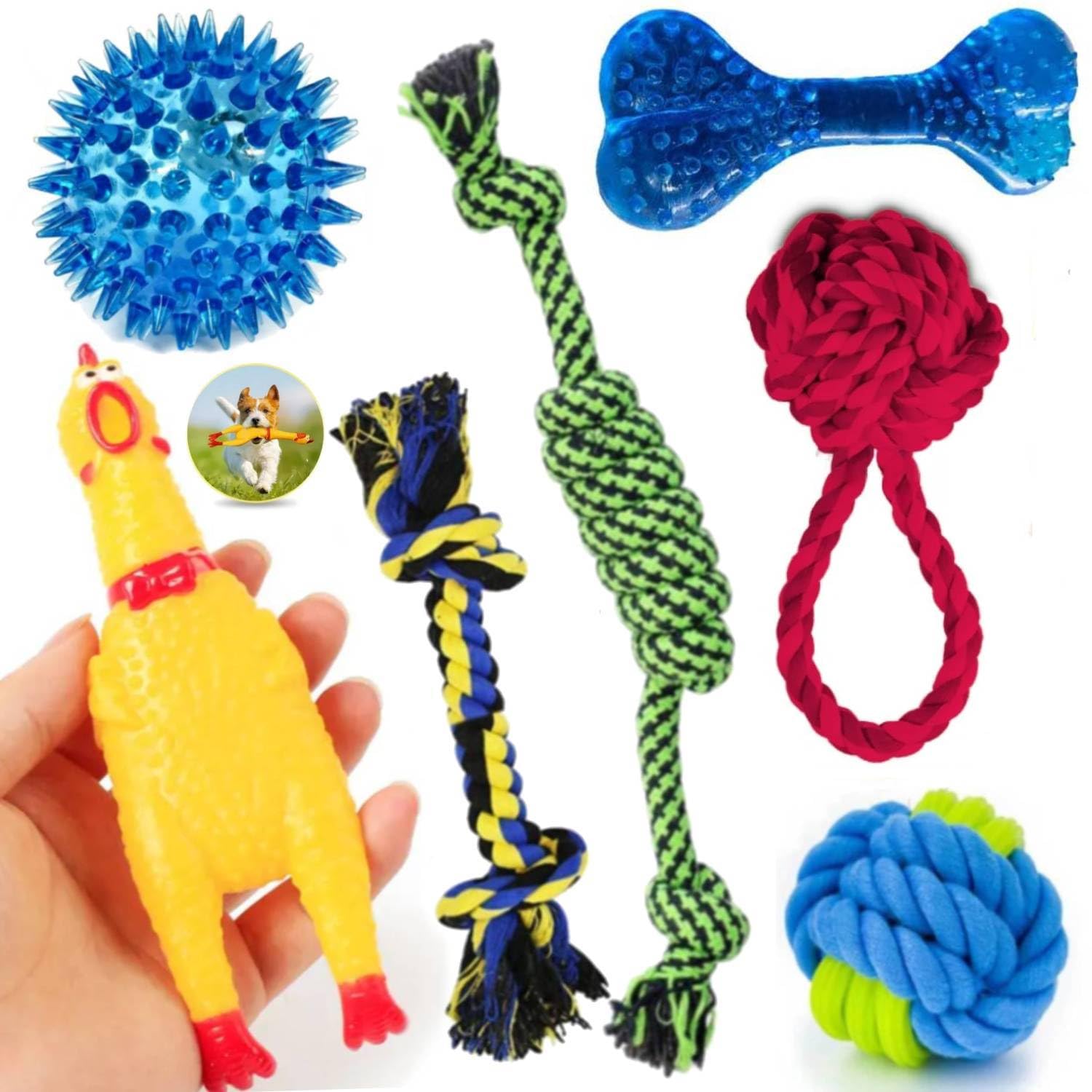 PETZLUV Dog Chew Toys Set  Rope Toys & Squeaky Rubber Chicken, LED Ball for Small to Medium Dogs, Interactive & Teeth Cleaning 